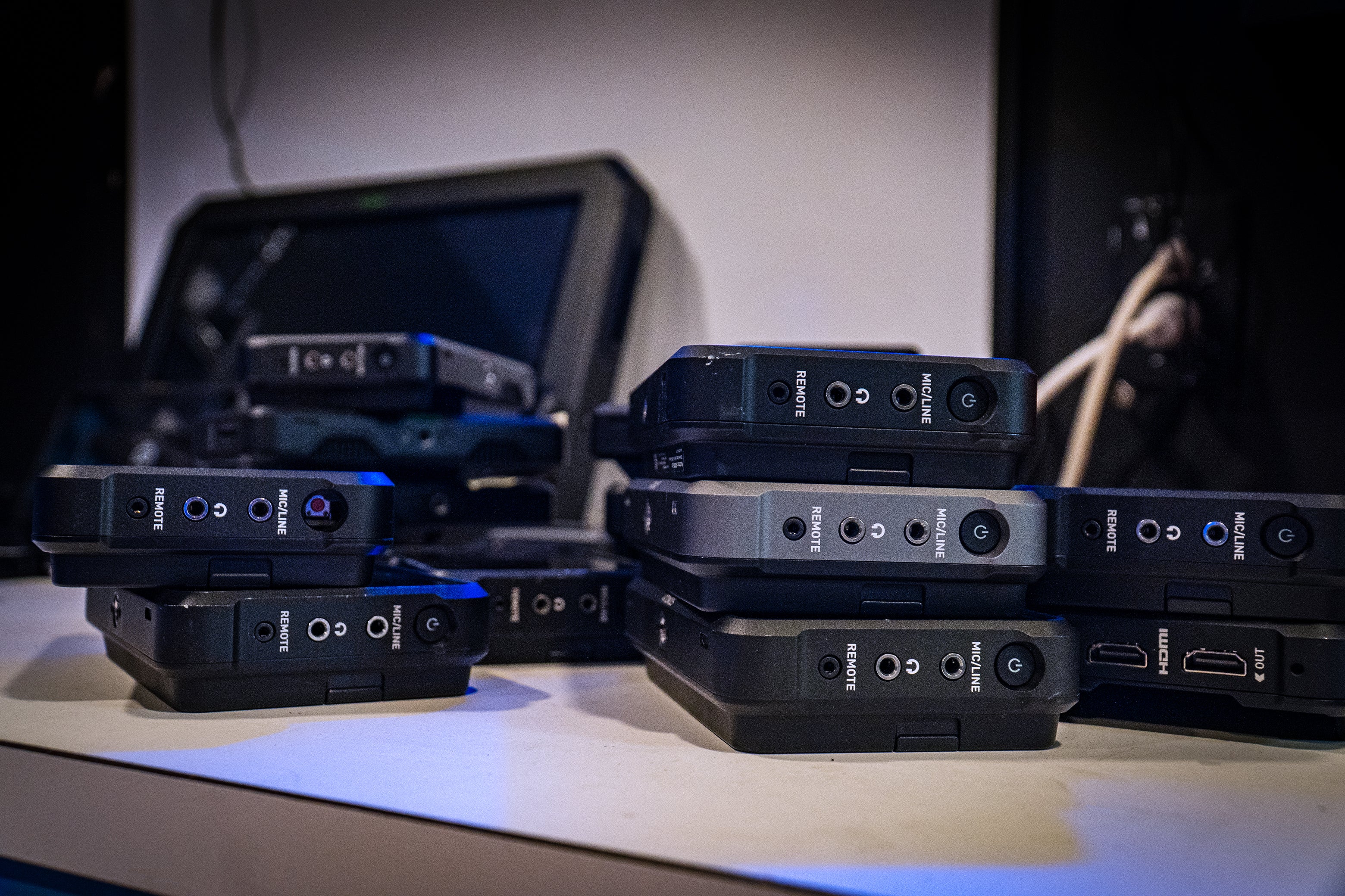Stack of Atomos Monitor-Recorders awaiting repair at our Indipro facilities