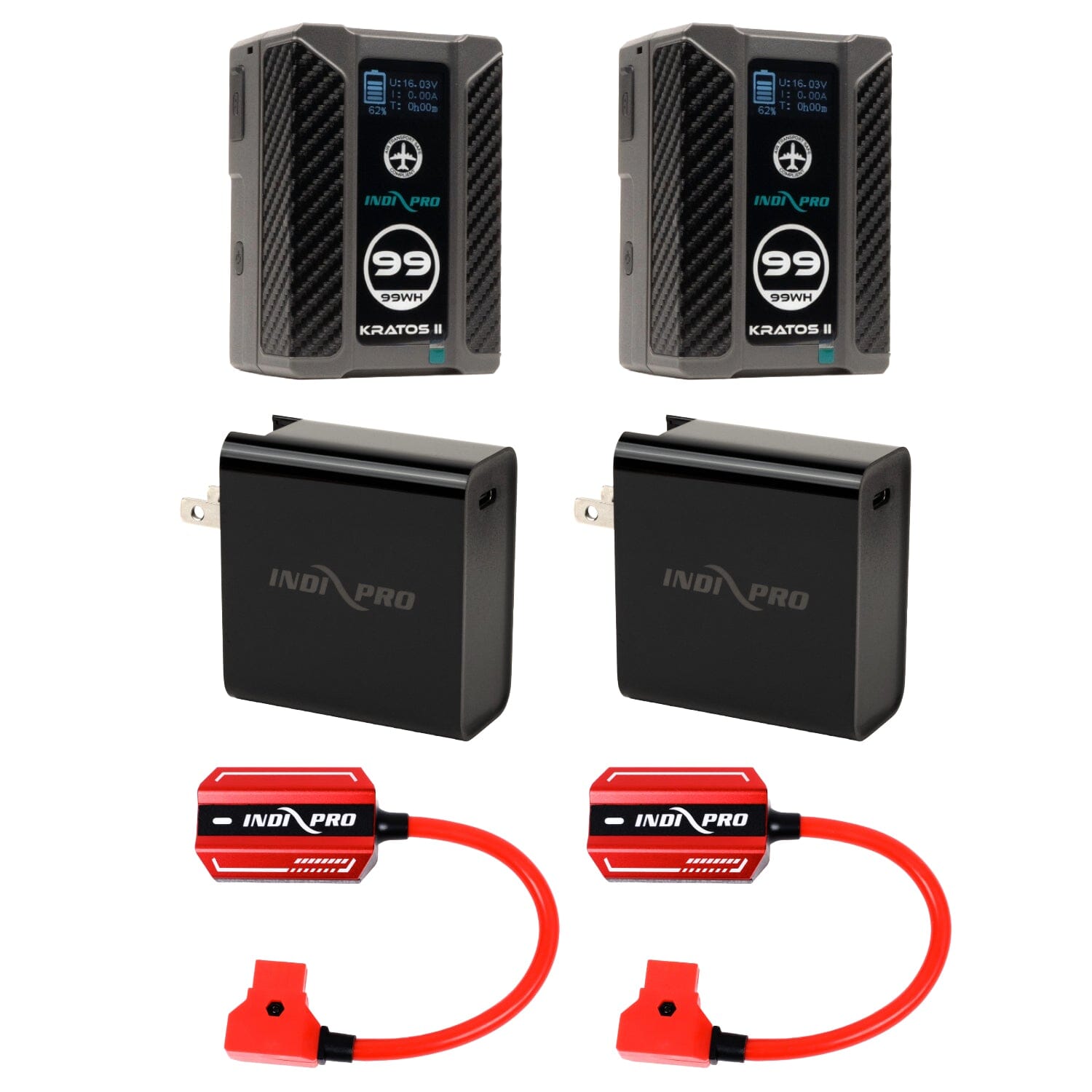 Indipro 2x Kratos 99Wh V-Mount Li-Ion Batteries, 2x D-Tap to Type C-USB Quick Charging Adapter & Power Supply and 2x 45W USB-C PD Wall Charger with Cable Kit Battery Kit Indipro Tools