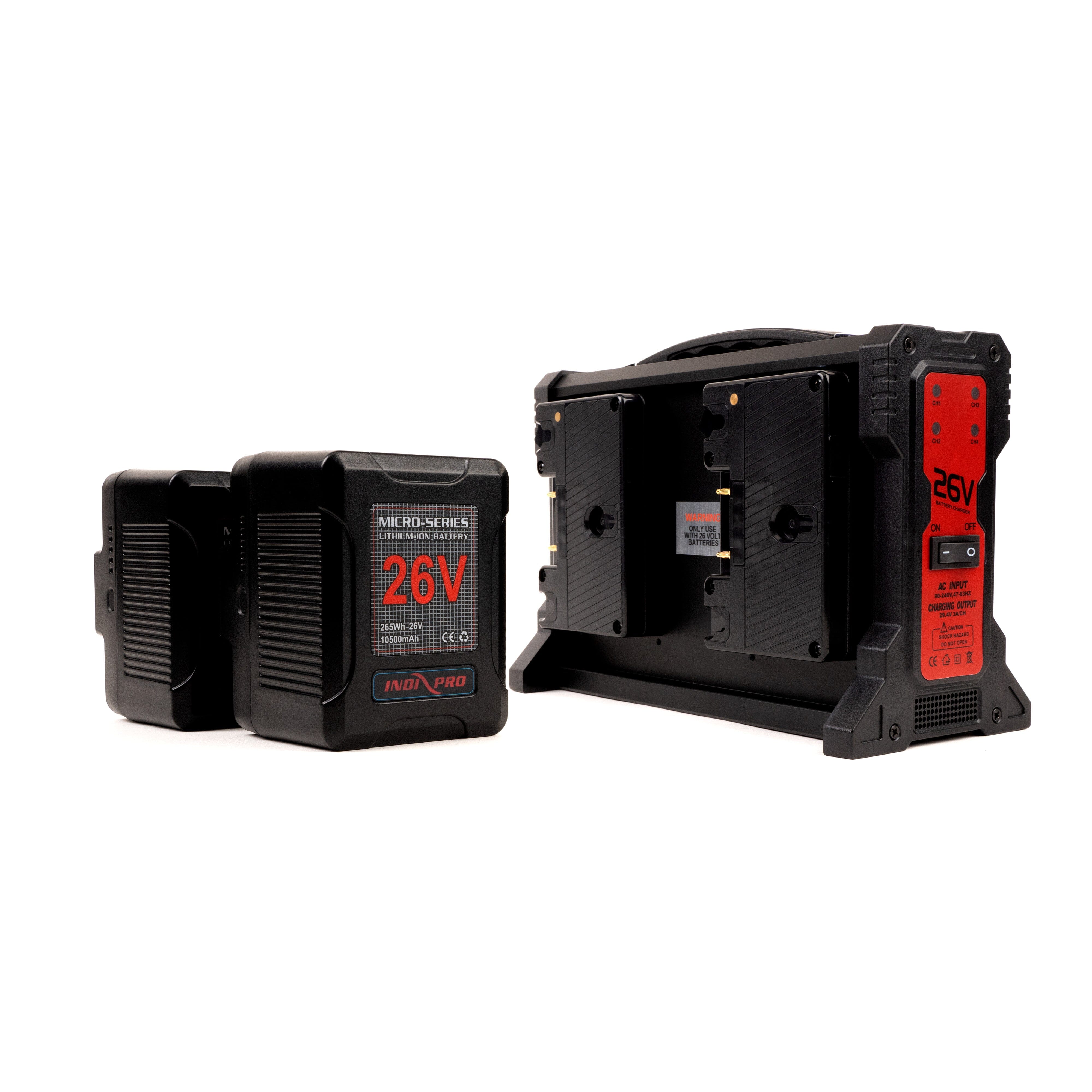 Indipro 2x Micro-Series 26V 265Wh Gold Mount Li-Ion Batteries and 26V Gold Mount Quad Charger Kit Battery Kit Indipro