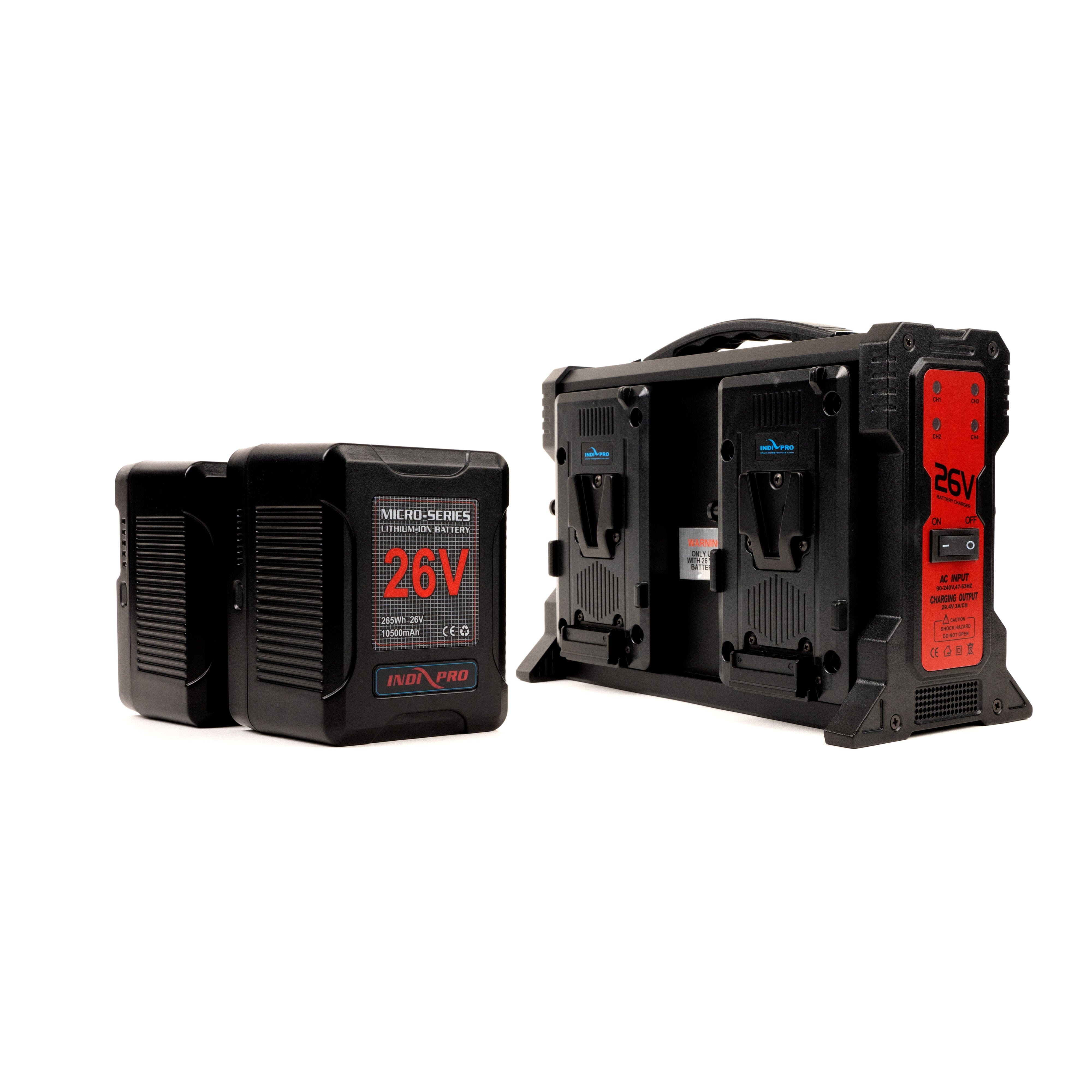 Indipro 2x Micro-Series 26V 265Wh V-Mount Li-Ion Batteries and 26V V-Mount Quad Charger Kit Battery Kit Indipro
