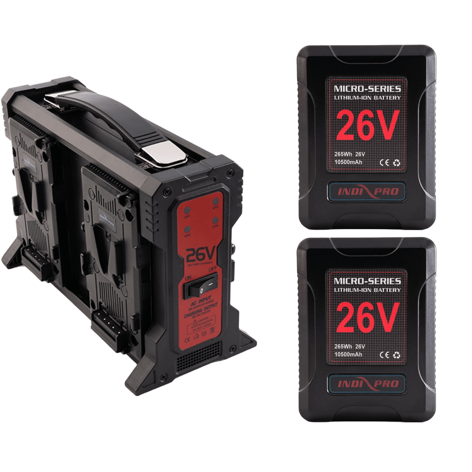 Indipro 2x Micro-Series 26V 265Wh V-Mount Li-Ion Batteries and 26V V-Mount Quad Charger Kit Battery Kit Indipro