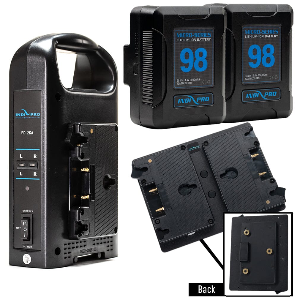 Indipro 2x Micro Series 98Wh Gold Mount Battery, Dual Charger & Dual Gold Mount Adapter Plates to Gold Mount Lock Plate Bundle Battery Bundle Indipro