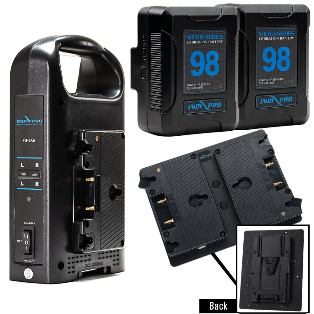 Indipro 2x Micro Series 98Wh Gold Mount Battery, Dual Charger & Dual Gold Mount Plates to V-Mount Lock Plate Bundle Battery Bundle Indipro