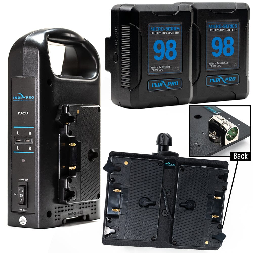 Indipro 2x Micro Series 98Wh Gold Mount Battery, Dual Charger & Dual Gold Mount Plates w/ 3-Pin XLR Connector Battery Bundle Indipro