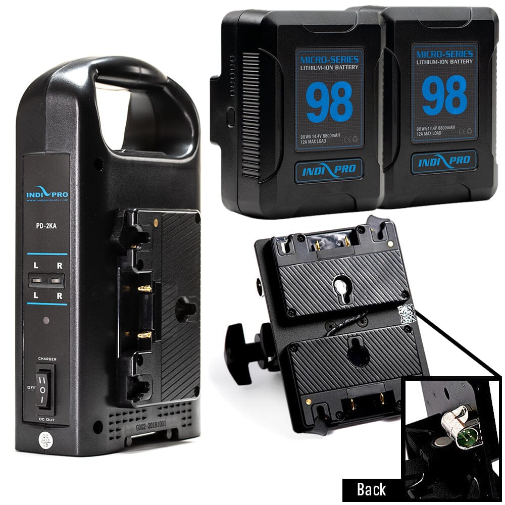 Indipro 2x Micro Series 98Wh Gold Mount Battery, Dual Charger & Dual Gold Mount Plates w/ 4-Pin XLR Connector Bundle Battery Bundle Indipro