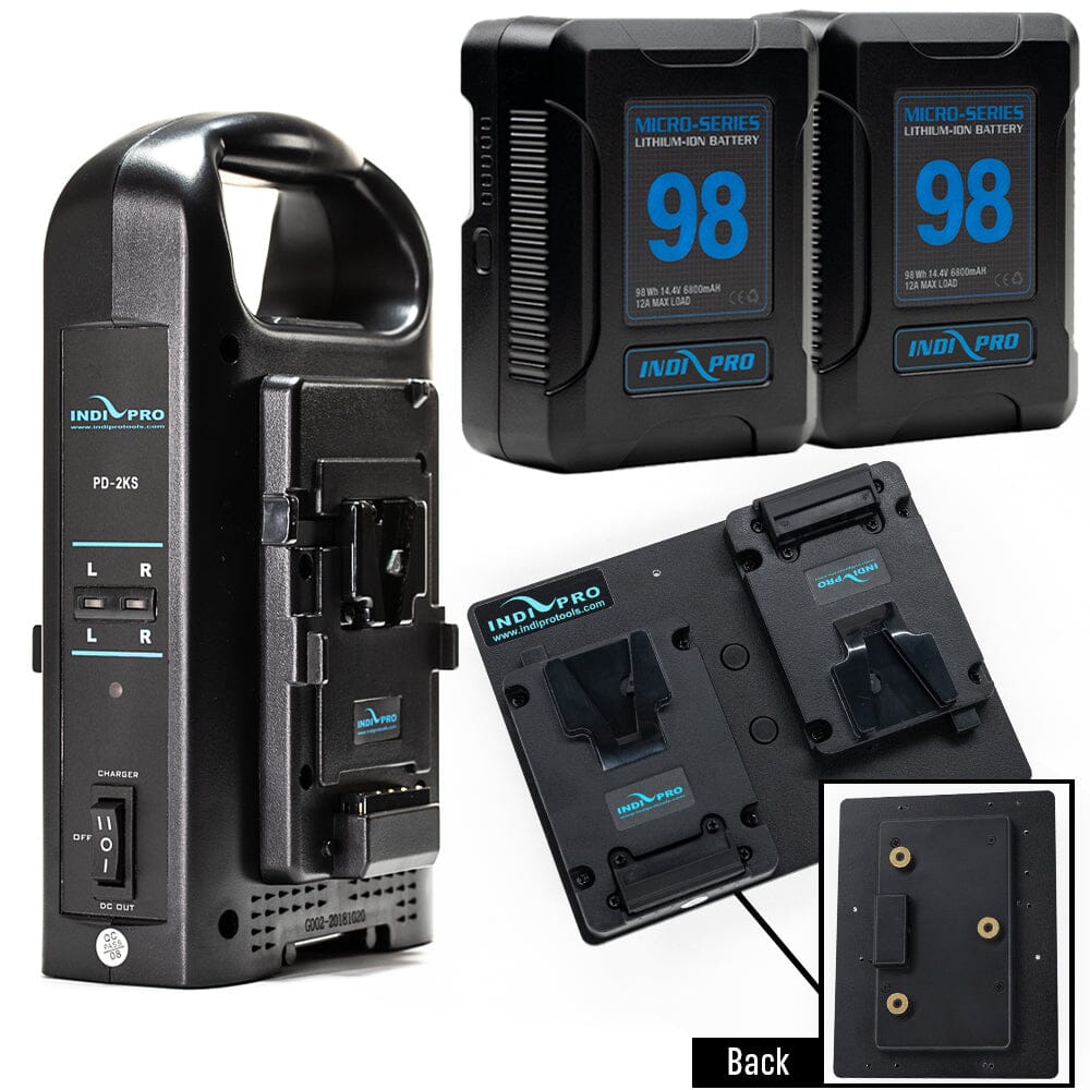 Indipro 2x Micro Series 98Wh V-Mount Battery, Dual Charger & Dual V-Mount Plates to Gold Mount Lock Plate Bundle Battery Bundle Indipro