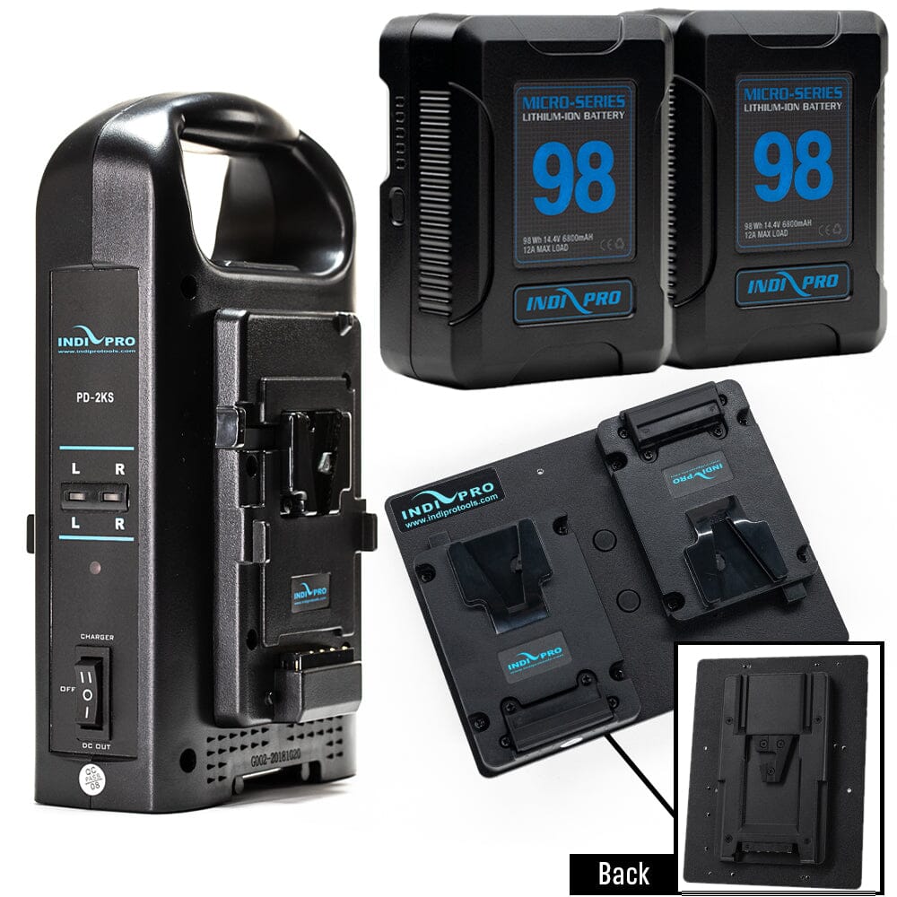 Indipro 2x Micro Series 98Wh V-Mount Battery, Dual Charger & Dual V-Mount Plates to V-Mount Lock Plate Bundle Battery Bundle Indipro