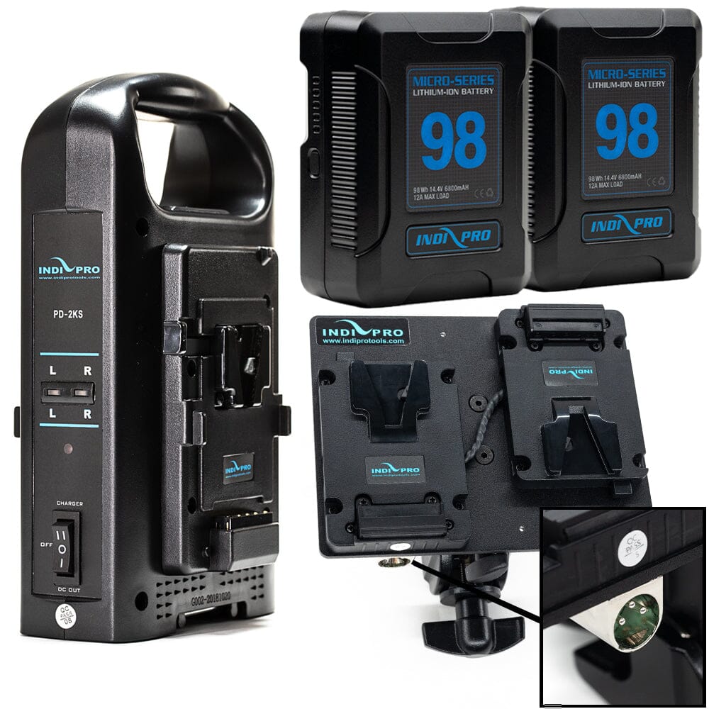 Indipro 2x Micro Series 98Wh V-Mount Battery, Dual Charger & Dual V-Mount Plates w/ 3-Pin XLR Connector Bundle Battery Bundle Indipro