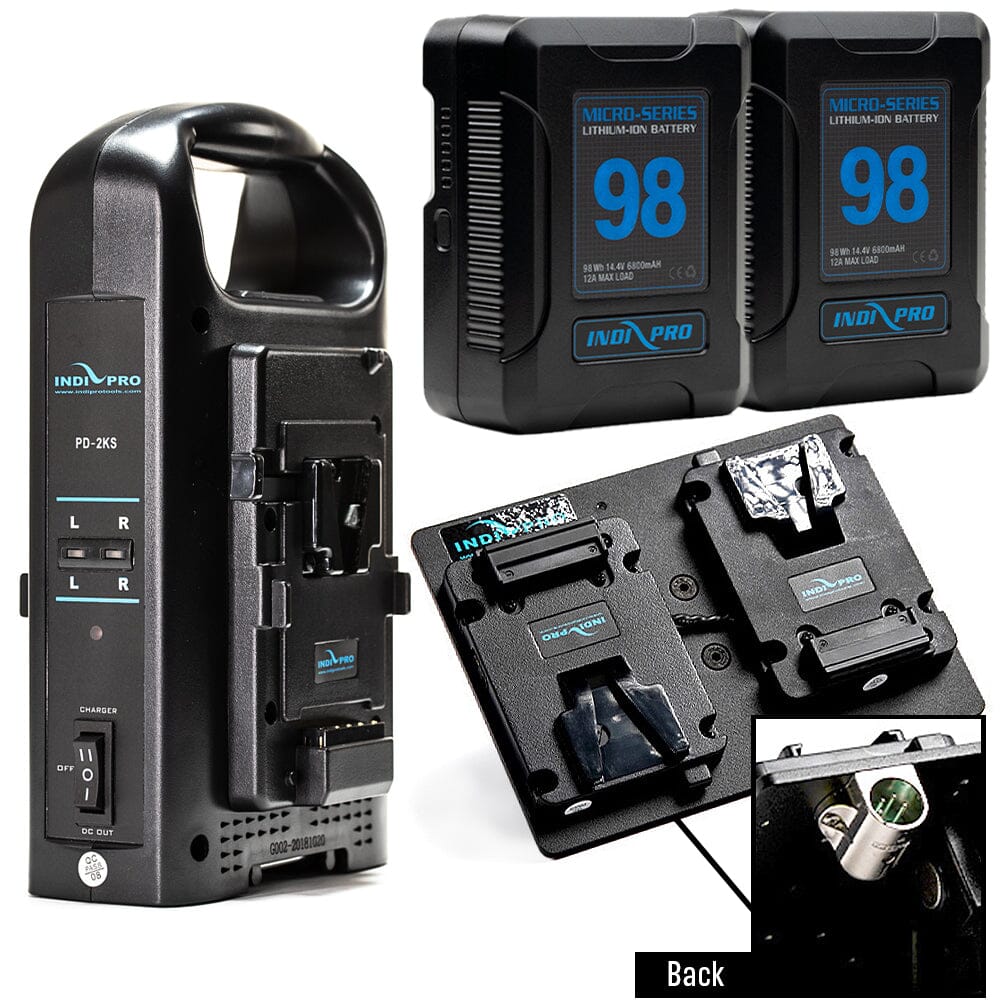 Indipro 2x Micro Series 98Wh V-Mount Battery, Dual Charger & Dual V-Mount Plates w/ 4-Pin XLR Connector Bundle Battery Bundle Indipro