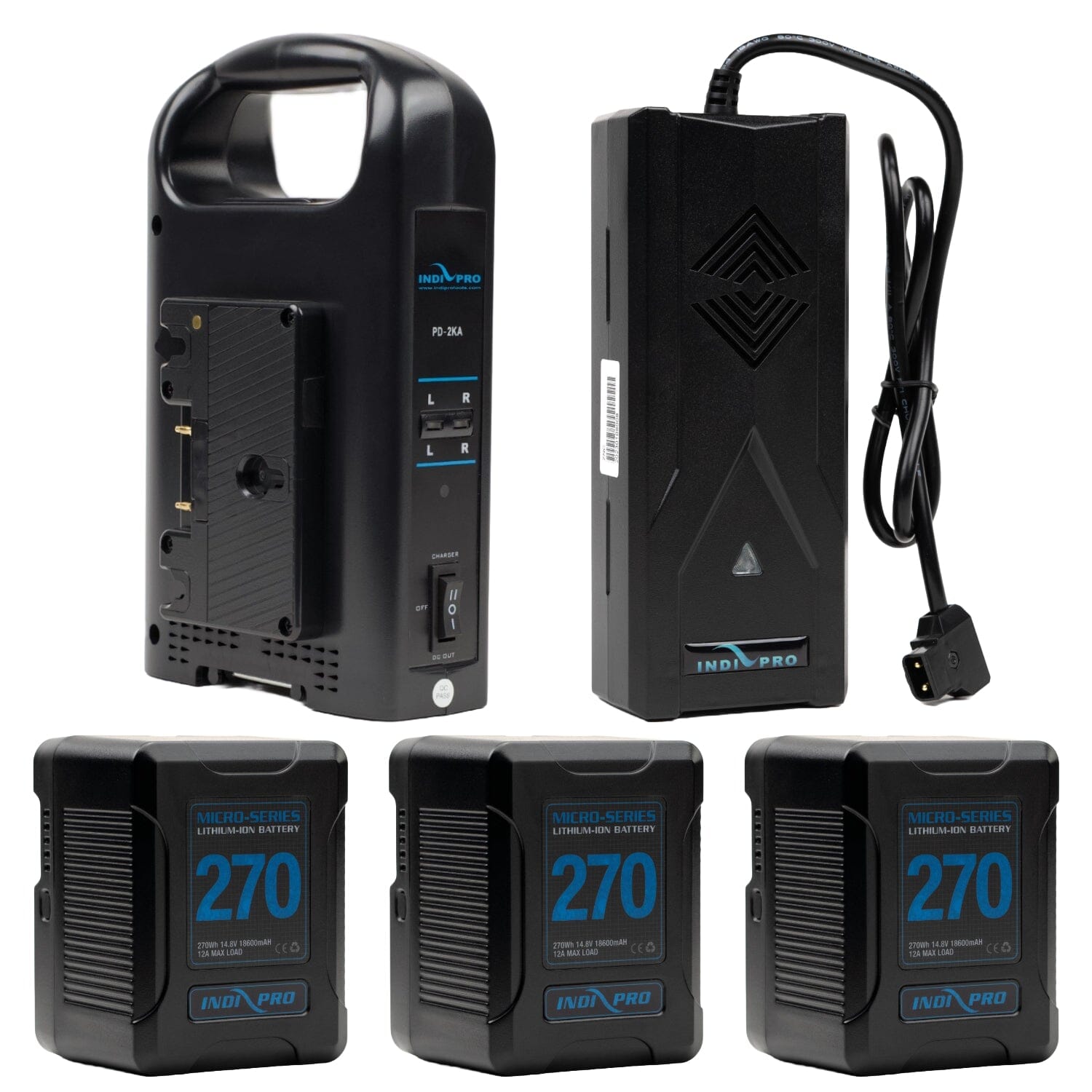 Indipro 3x Micro-Series 270Wh Gold Mount Li-Ion Batteries, Dual Gold Mount Battery Charger and D-Tap to Pro Battery Supercharger Kit Battery Kit Indipro Tools