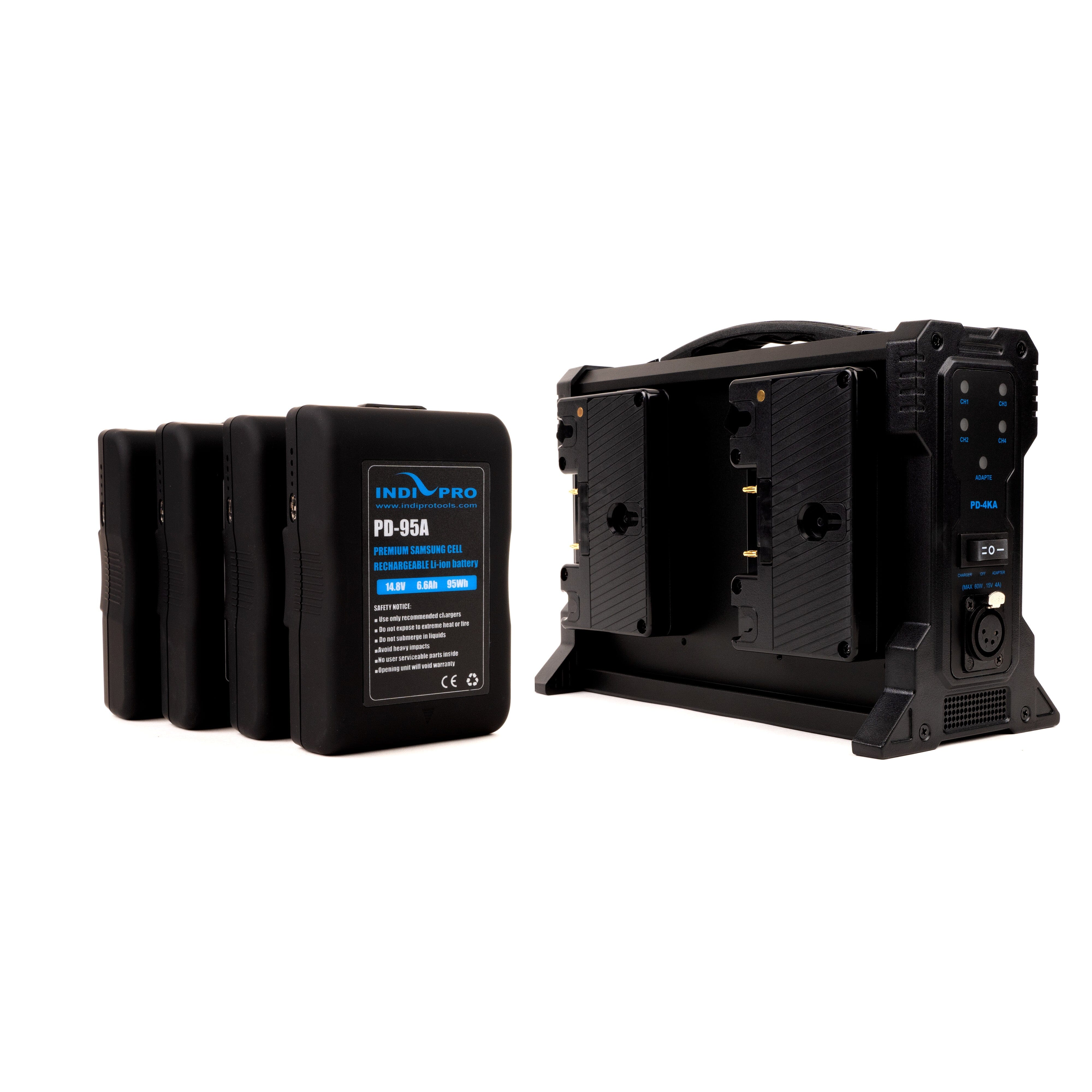 Indipro 4x Compact 95Wh Gold-Mount Li-Ion Batteries and Quad Gold-Mount Battery Charger Kit Charger Kit Indipro