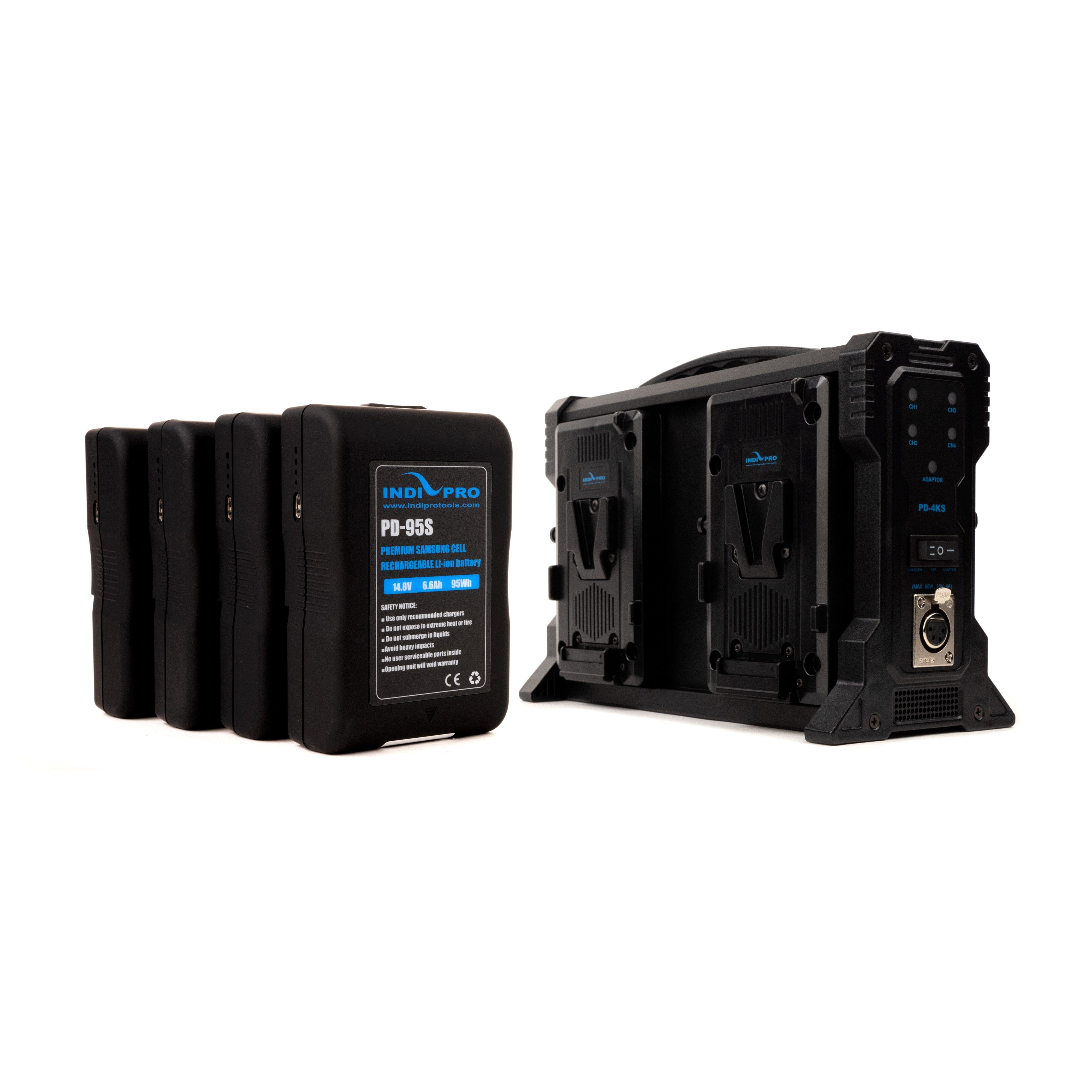 Indipro 4x Compact 95Wh V-Mount Li-Ion Batteries and Quad V-Mount Battery Charger Kit Charger Kit Indipro
