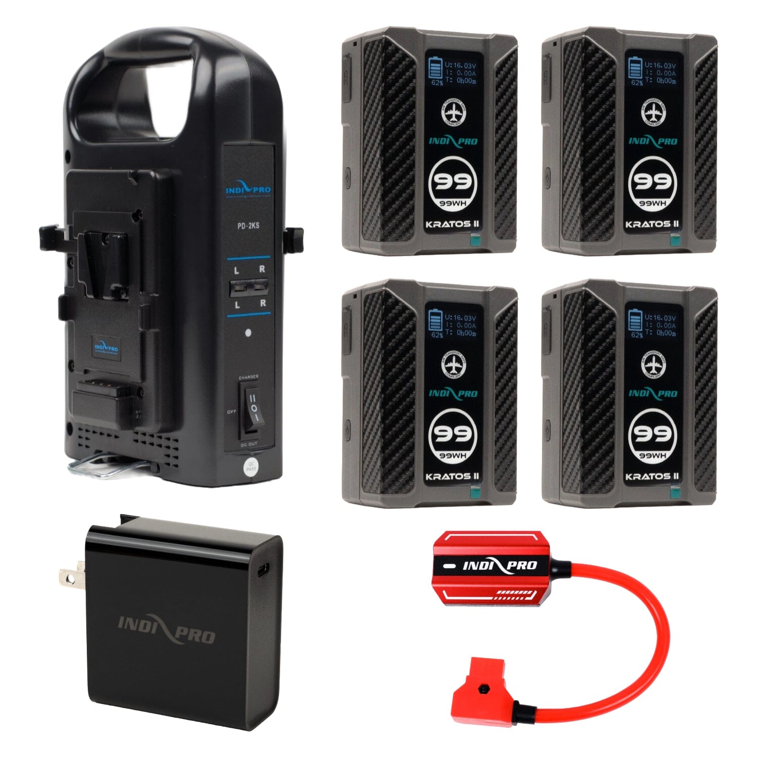 Indipro 4x Kratos 99Wh V-Mount Li-Ion Batteries, 1x V-Mount Dual 14.4V Battery Charger with XLR Output, 1x D-Tap to Type C-USB Quick Charging Adapter & Power Supply and 1x 45W USB-C PD Wall Charger with Cable Kit Battery Kit Indipro Tools