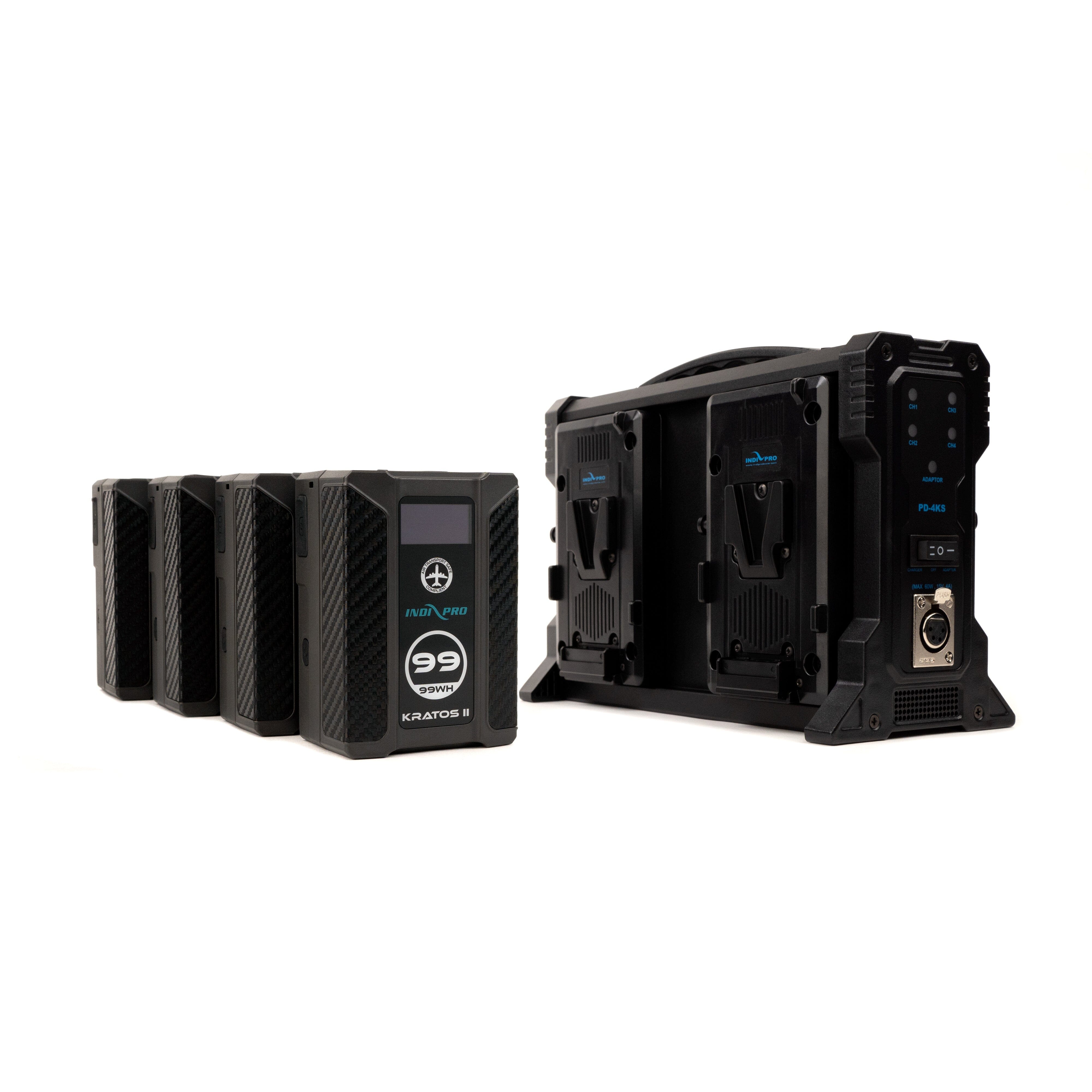 Indipro 4x Kratos 99Wh V-Mount Li-Ion Batteries and Quad V-Mount Battery Charger Kit Battery Kit Indipro