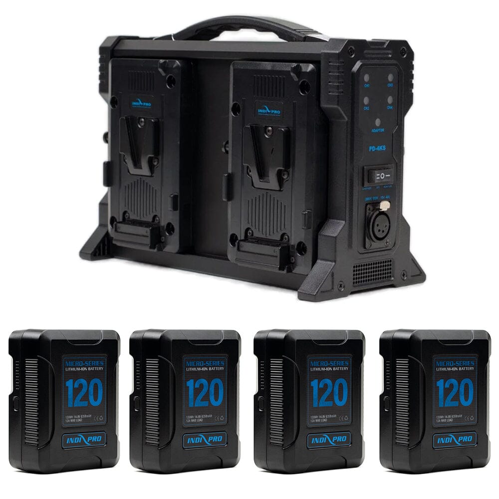 Indipro 4x Micro-Series 120Wh V-Mount Li-Ion Batteries and Quad V-Mount Battery Charger Kit Battery Kit Indipro