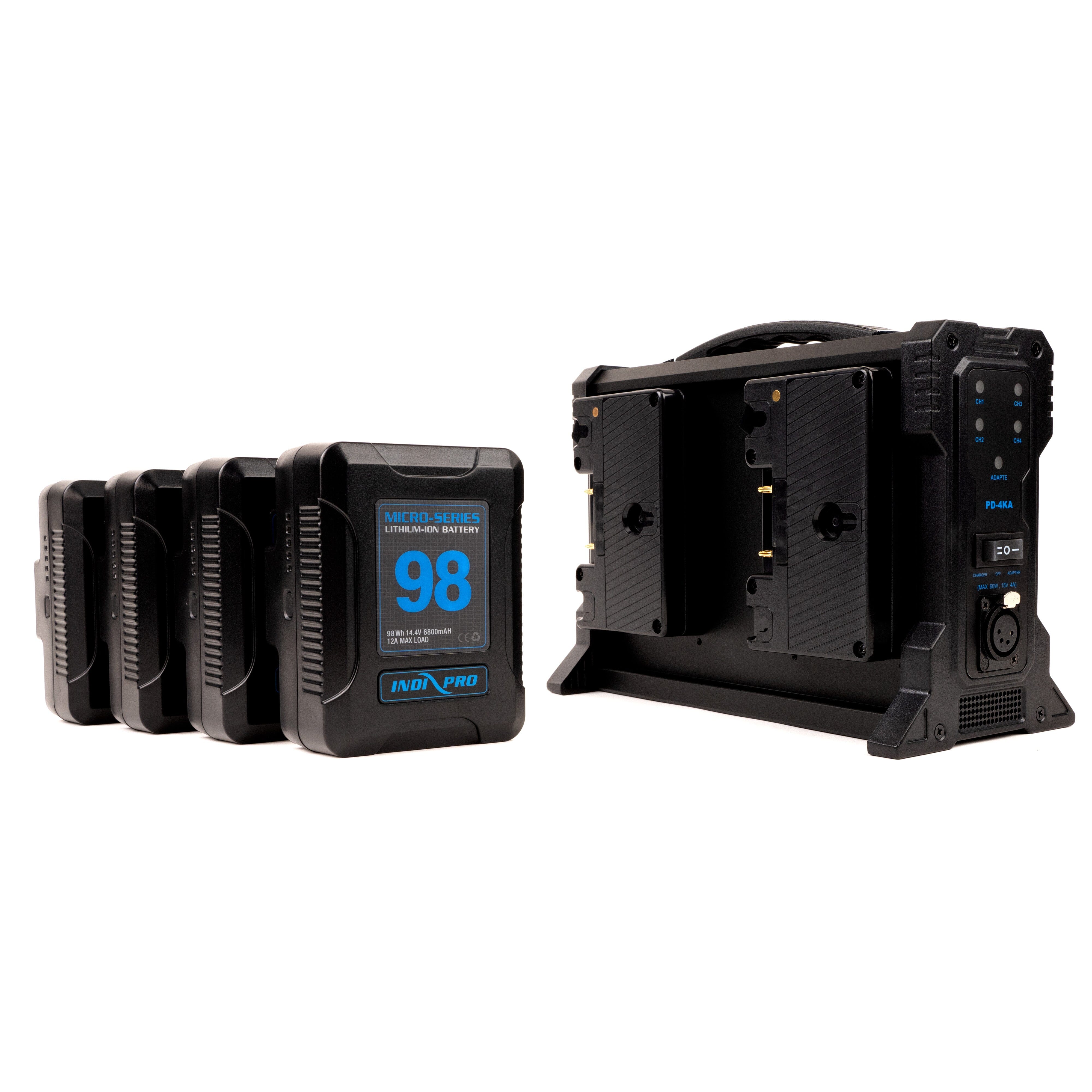 Indipro 4x Micro-Series 98Wh Gold Mount Li-Ion Batteries and Quad Pro Gold Mount Battery Charger Kit Charger Kit Indipro