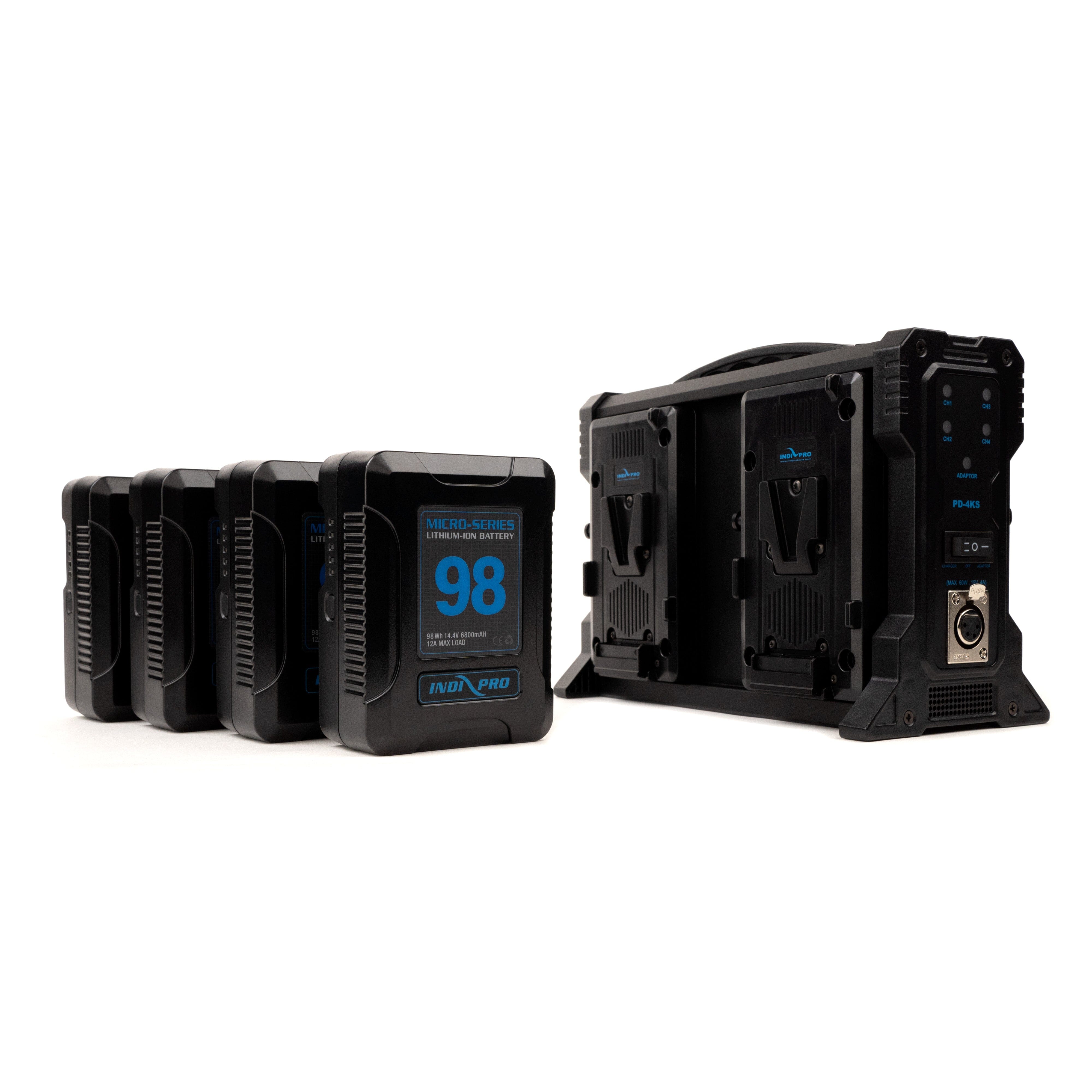 Indipro 4x Micro-Series 98Wh V-Mount Li-Ion Batteries and Quad Pro V-Mount Battery Charger Kit Charger Kit Indipro