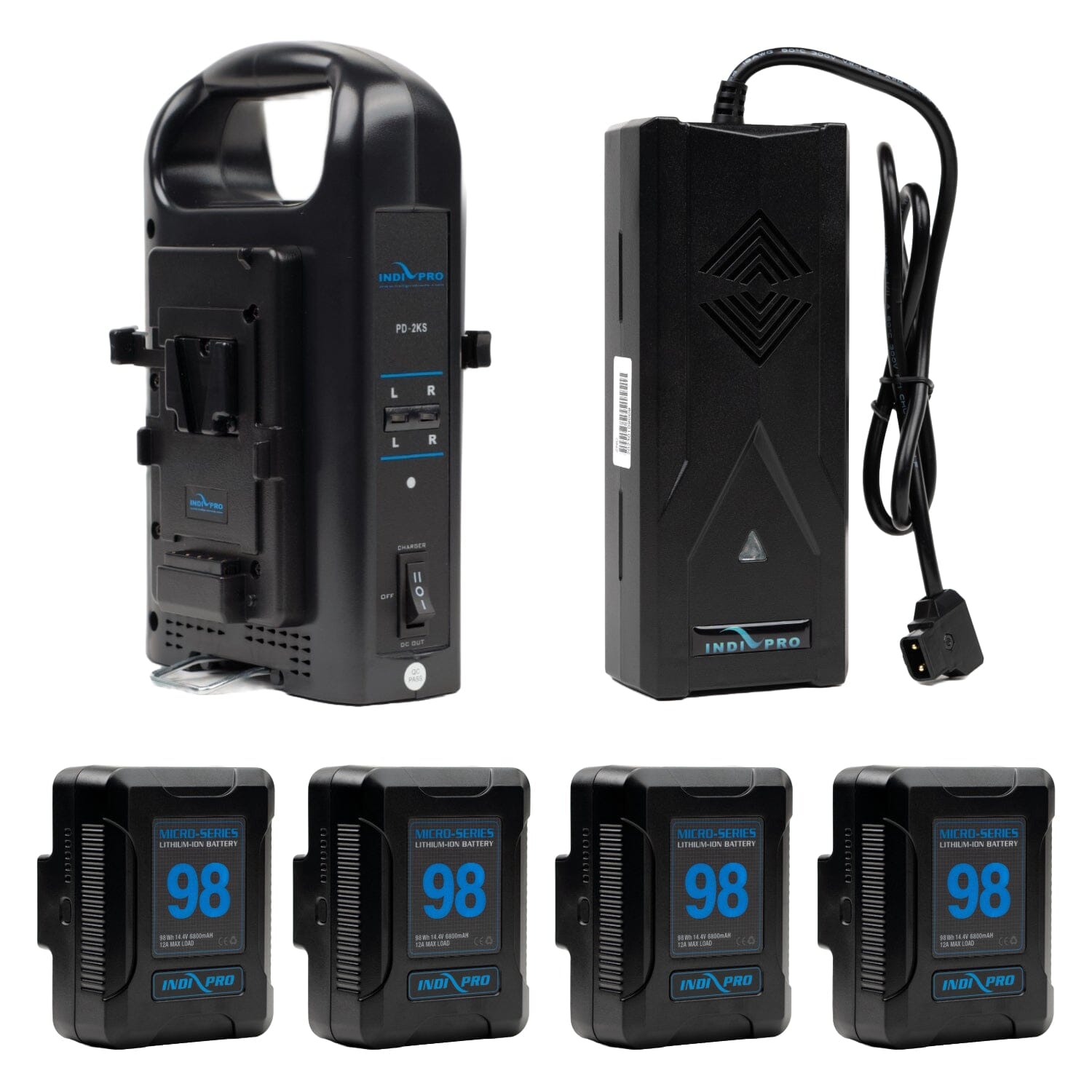 Indipro 4x Micro-Series 98Wh V-Mount Li-Ion Batteries, Dual V-Mount Battery Charger and D-Tap Pro Battery SuperCharger Kit Battery Kit Indipro Tools