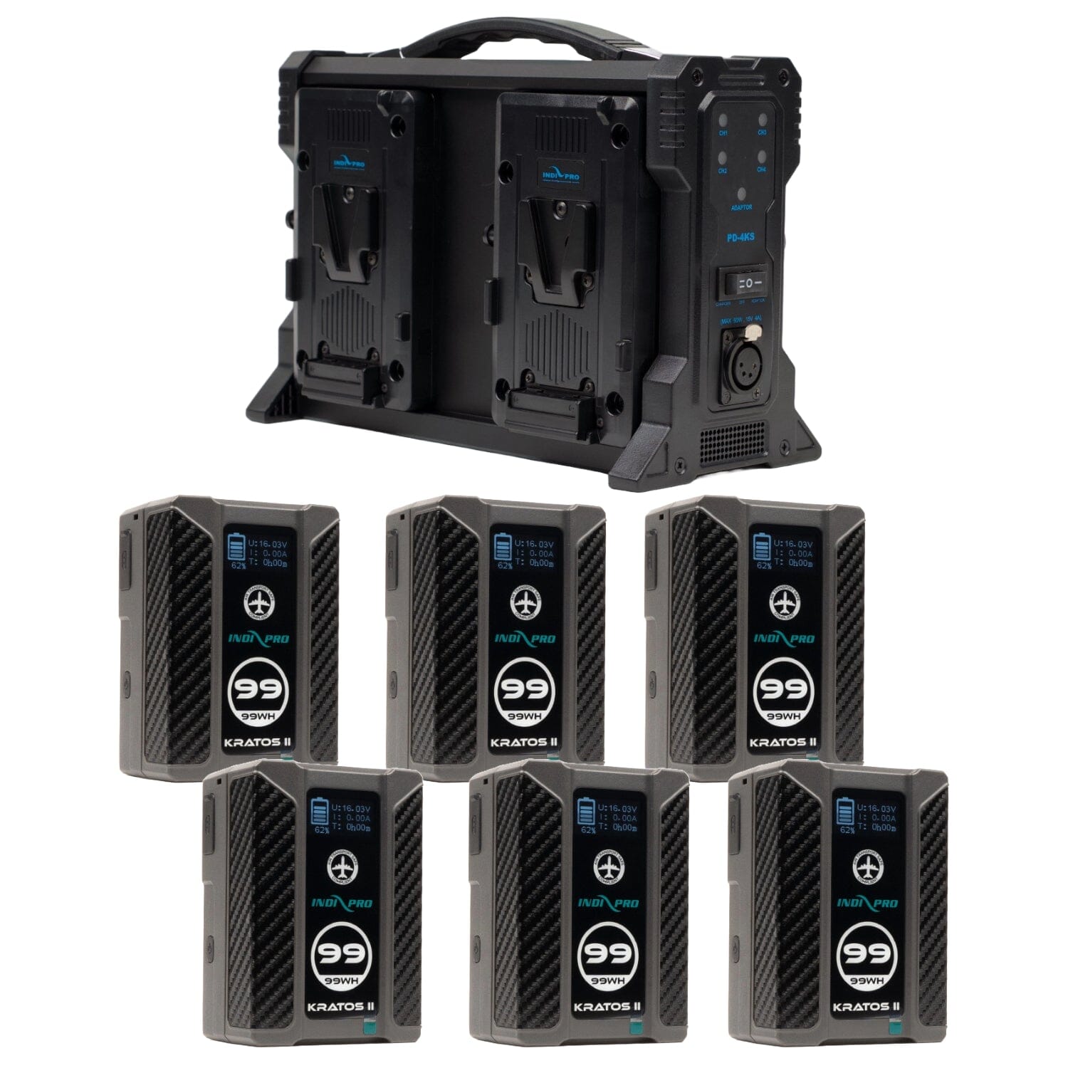 Indipro 6x Kratos 99Wh V-Mount Li-Ion Batteries and Quad V-Mount Battery Charger Kit Battery Kit Indipro Tools