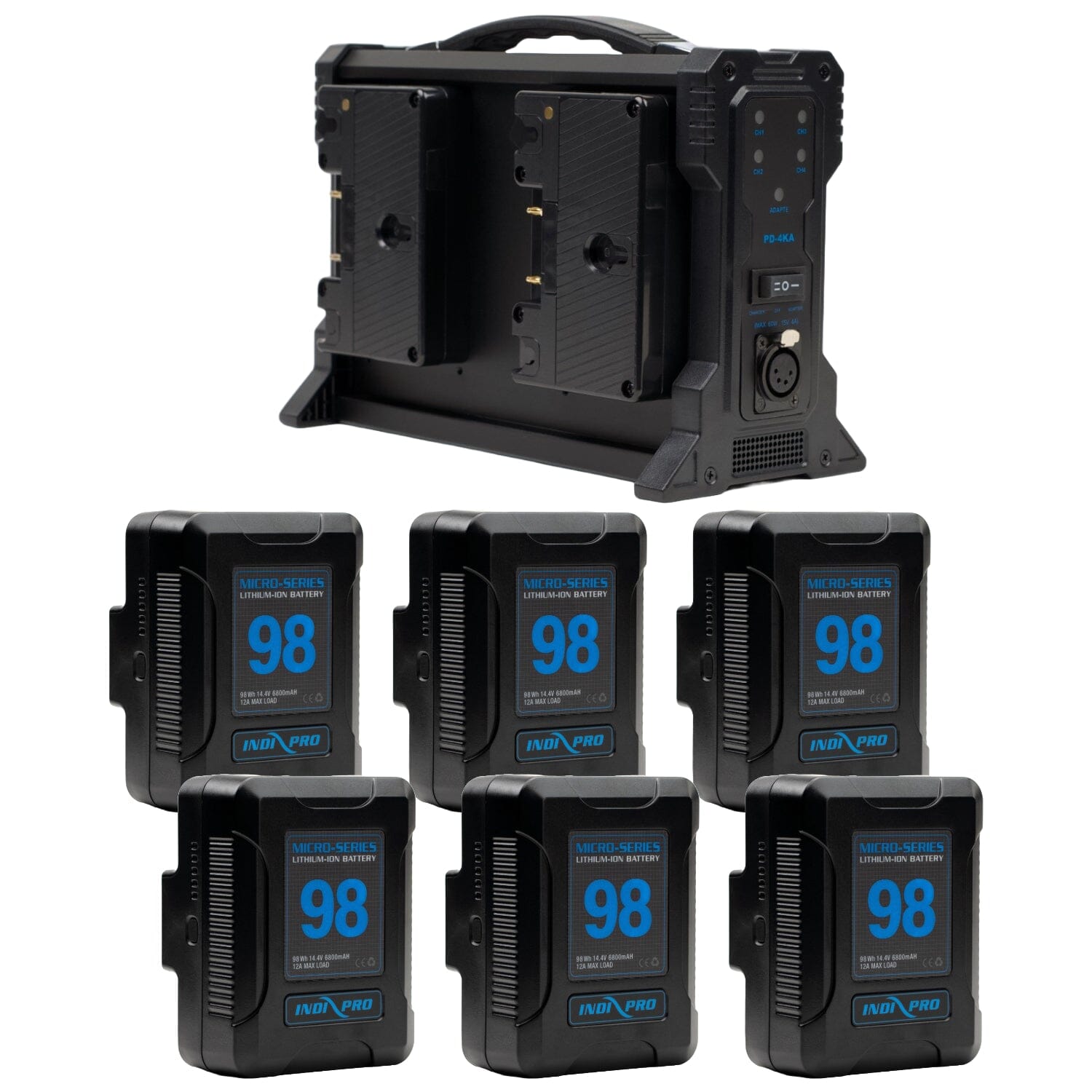 Indipro 6x Micro-Series 98Wh Gold-Mount Li-Ion Batteries and Quad Gold-Mount Battery Charger Kit Battery Kit Indipro Tools