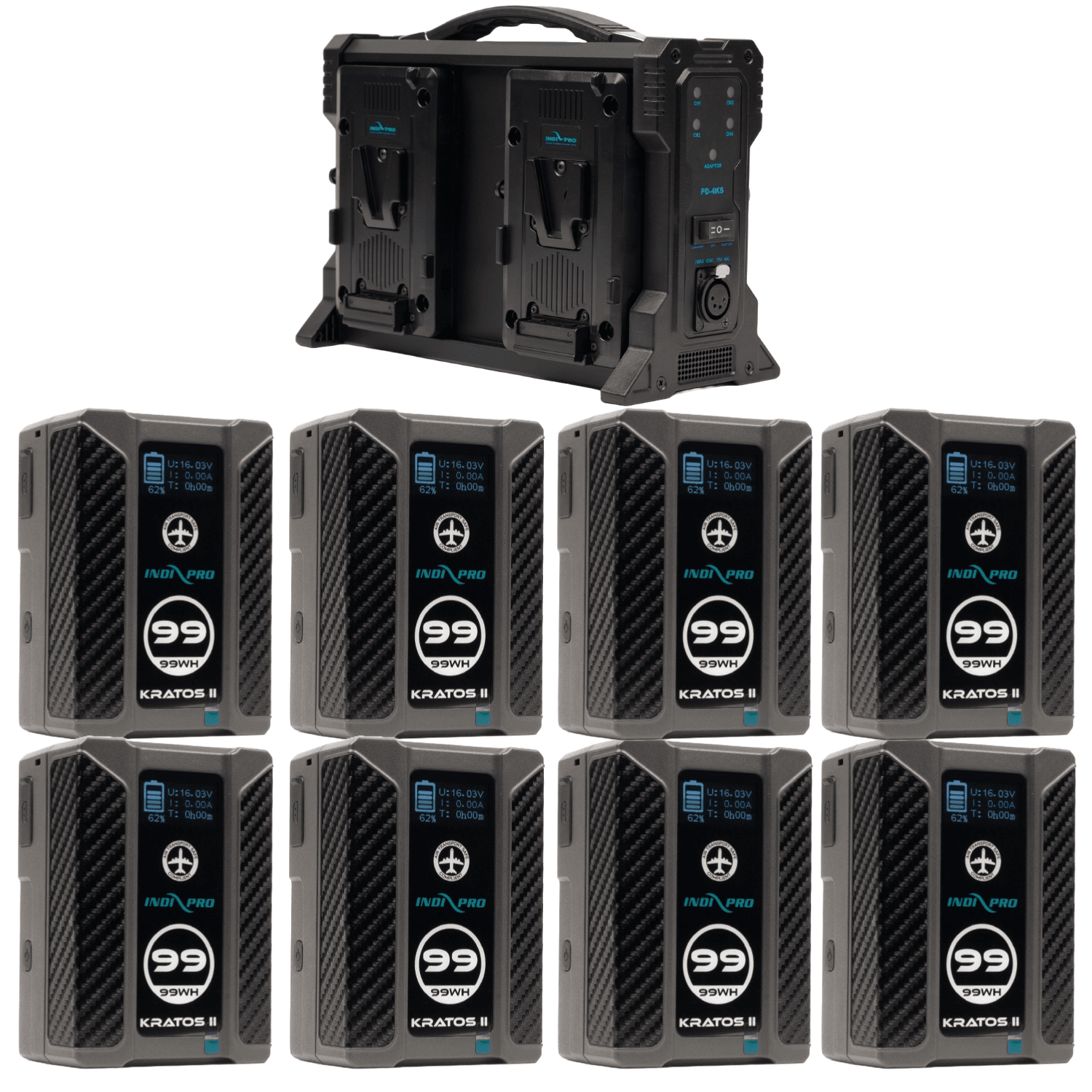 Indipro 8x Kratos 99Wh V-Mount Li-Ion Batteries and Quad V-Mount Battery Charger Kit Battery Kit Indipro Tools