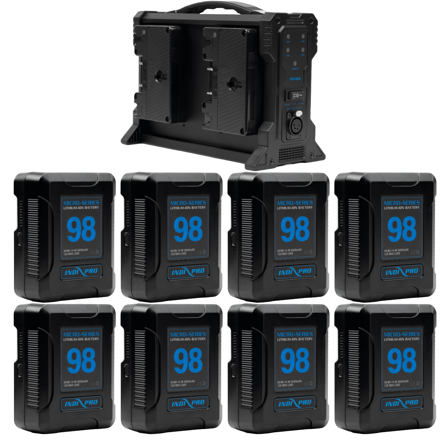 Indipro 8x Micro-Series 98Wh Gold Mount Li-Ion Batteries and Quad Pro Gold Mount Battery Charger Kit Battery Kit Indipro