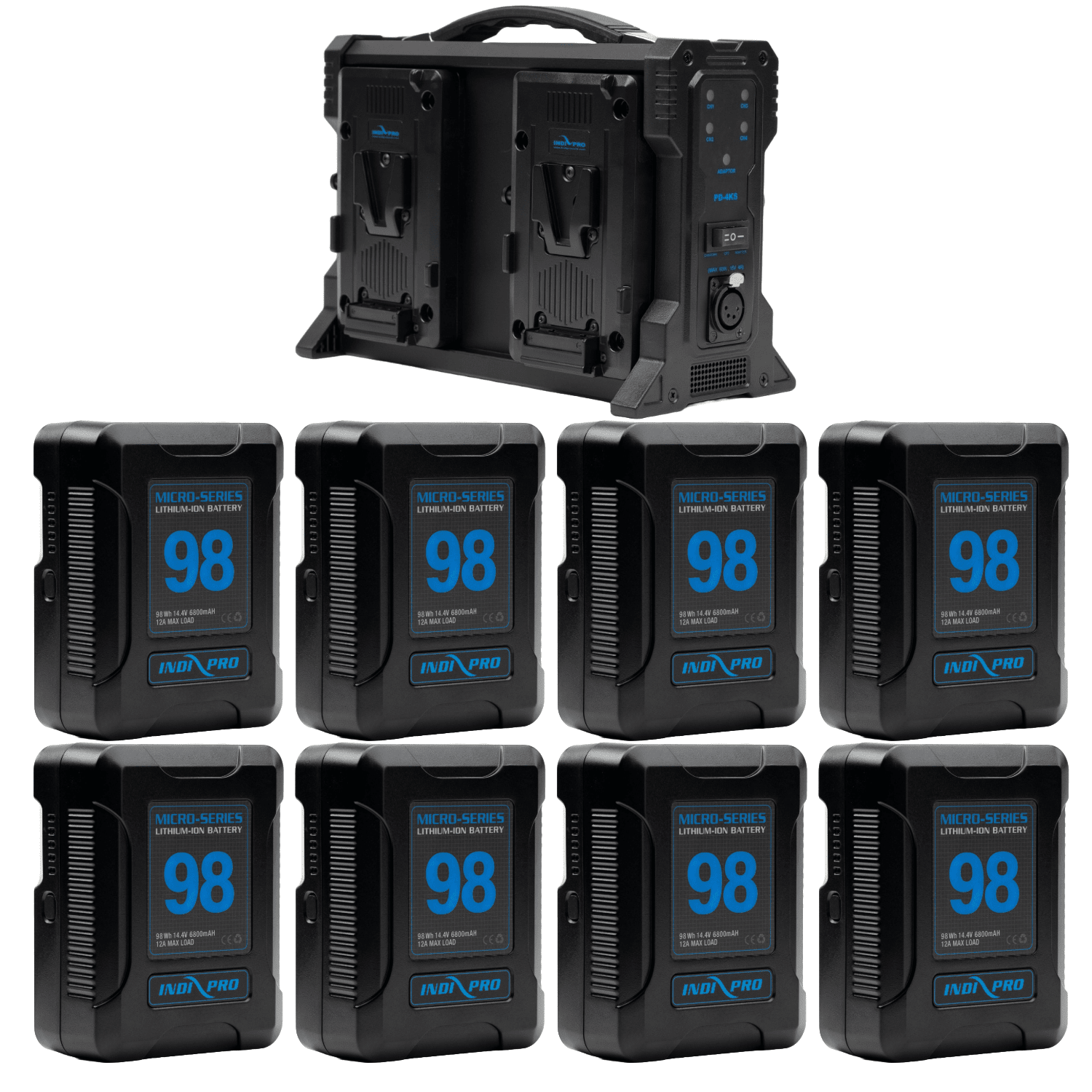 Indipro 8x Micro-Series 98Wh V-Mount Li-Ion Batteries and Quad Pro V-Mount Battery Charger Kit Battery Kit Indipro