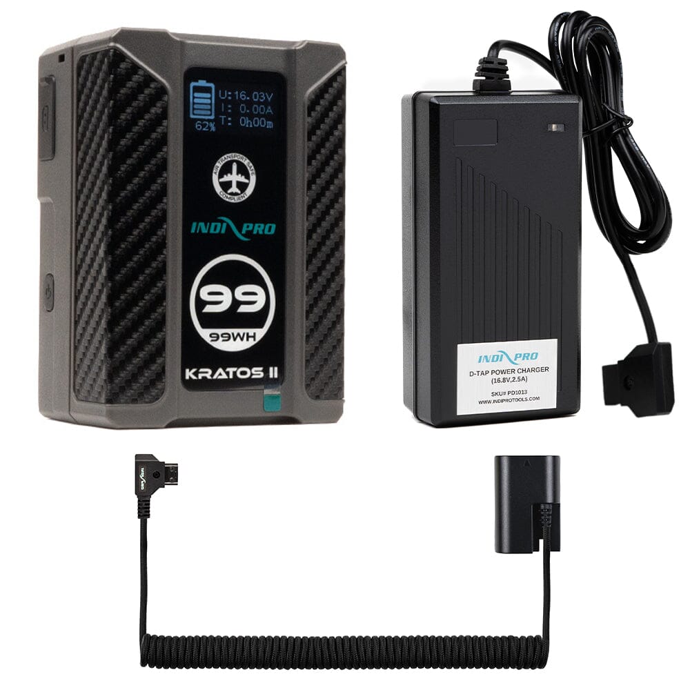 Indipro Kratos 99Wh V-Mount Battery, Charger & Braided Coiled D-Tap to Canon LP-E6 Battery Bundle Battery Bundle Indipro