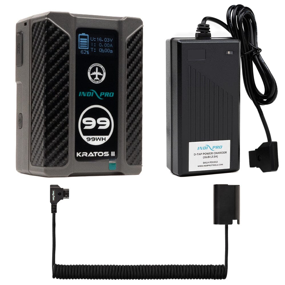 Indipro Kratos 99Wh V-Mount Battery, Charger & Braided Coiled D-Tap to Panasonic DMW-BLK22 Battery Bundle Battery Bundle Indipro
