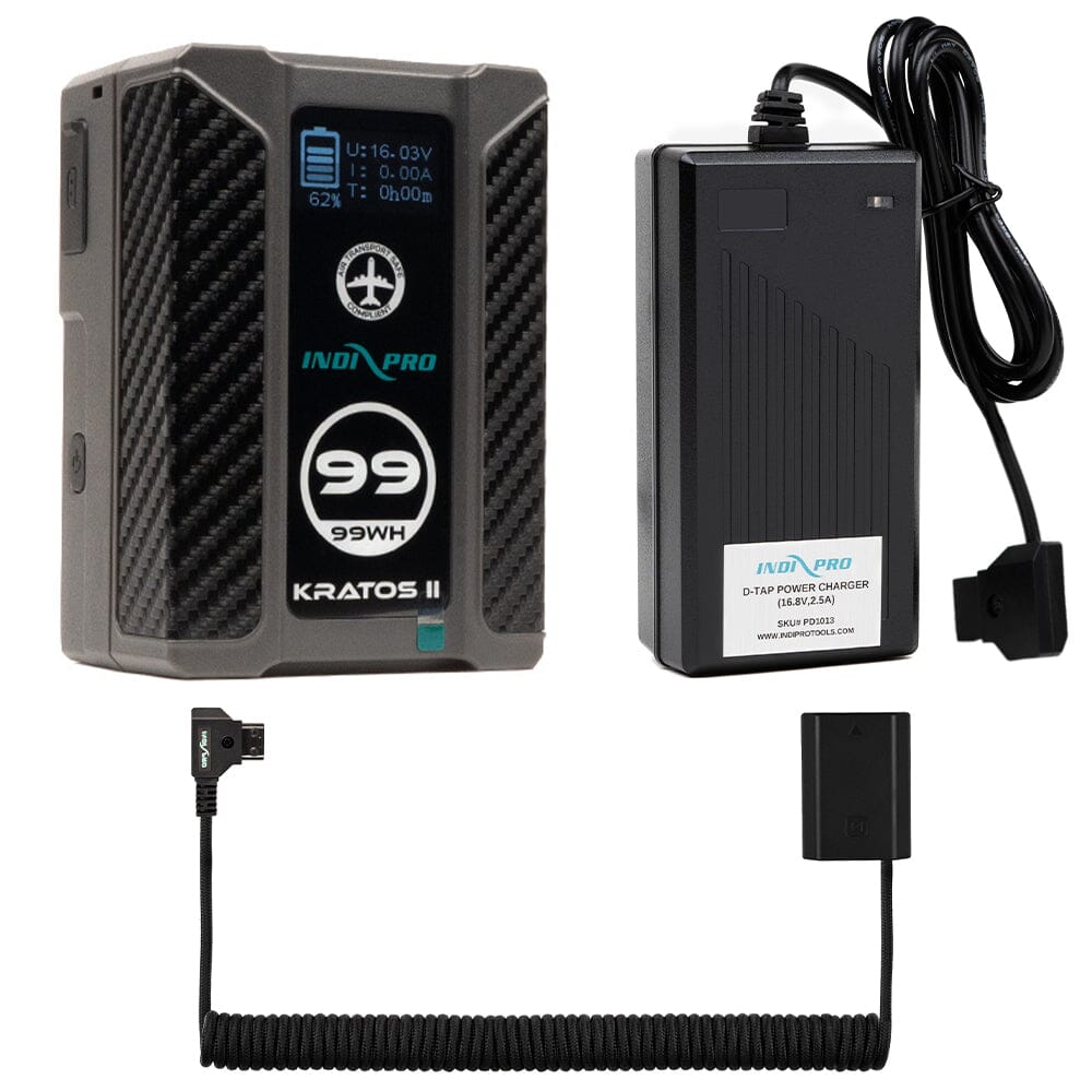 Indipro Kratos 99Wh V-Mount Battery, Charger & Braided Coiled D-Tap to Sony NP-FZ100 Battery Bundle Battery Bundle Indipro