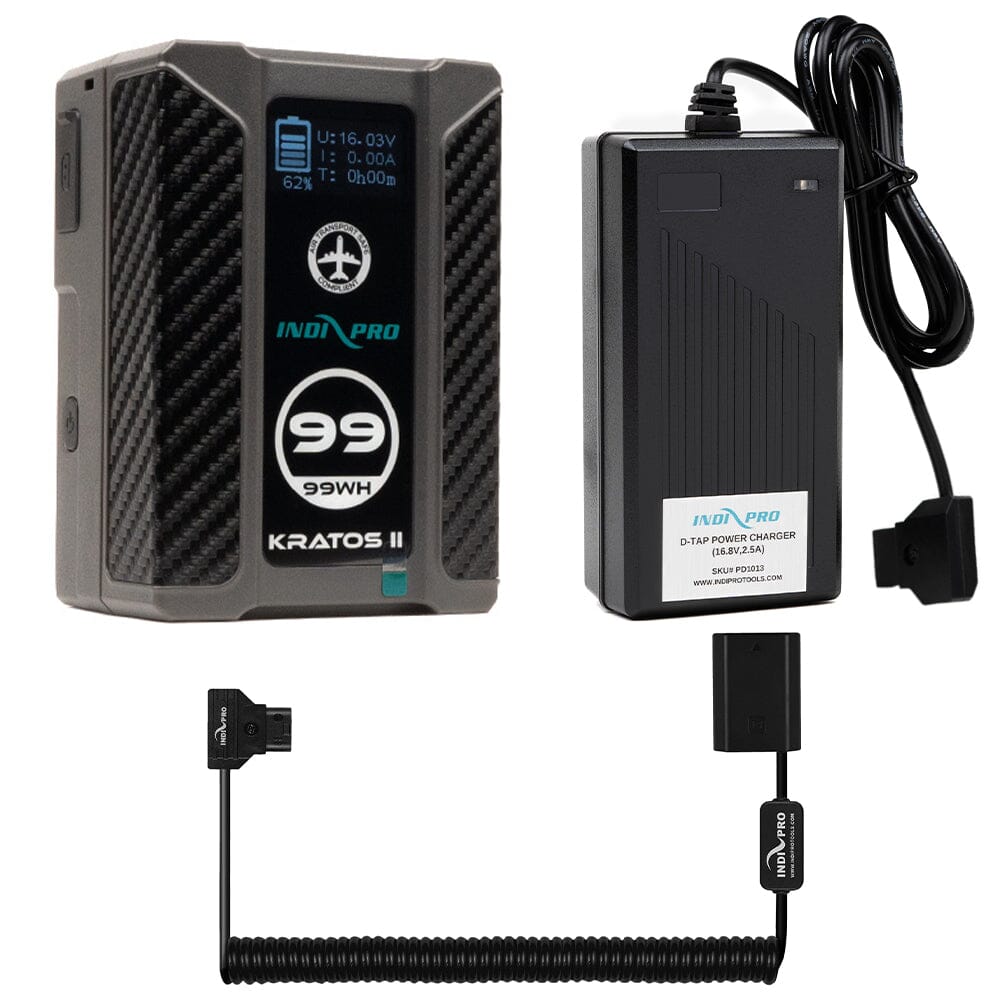 Indipro Kratos 99Wh V-Mount Battery, Charger & Coiled D-Tap to Sony NP-FZ100 Battery Bundle Battery Bundle Indipro