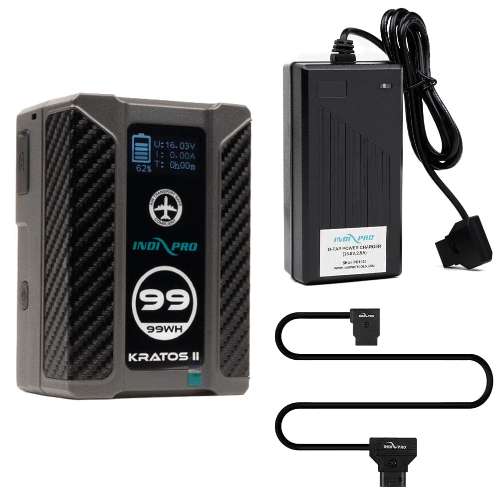 Indipro Kratos 99Wh V-Mount Battery, Charger & D-Tap Male to D-Tap Female Cable Bundle Battery Bundle Indipro