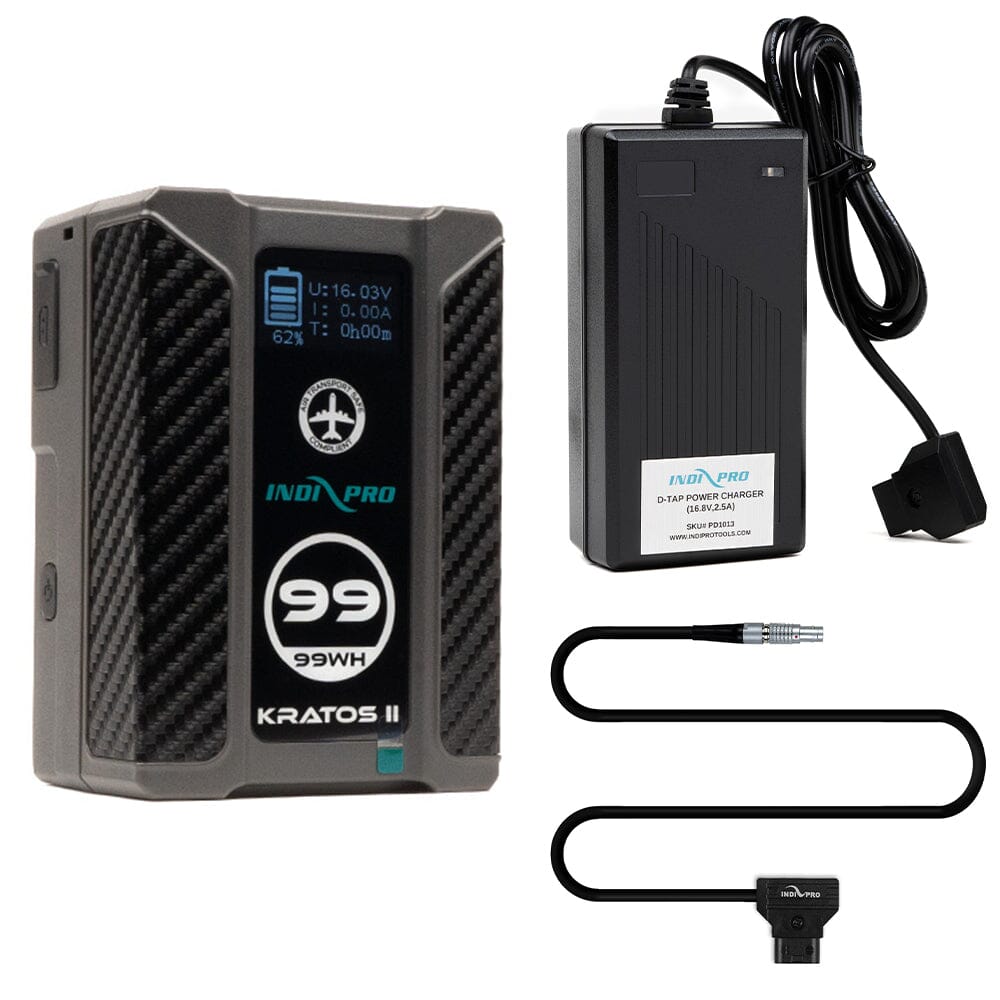 Indipro Kratos 99Wh V-Mount Battery, Charger & D-Tap to 2-Pin Lemo Bundle Battery Bundle Indipro