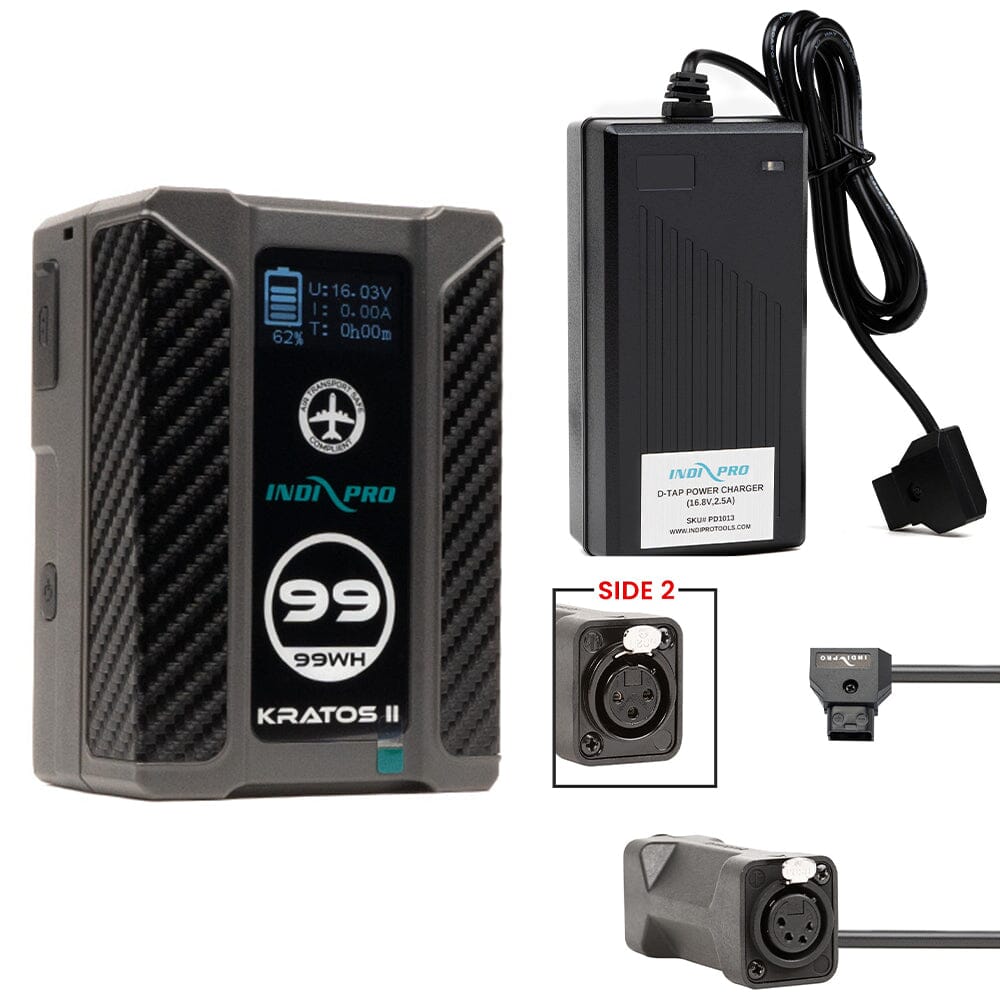 Indipro Kratos 99Wh V-Mount Battery, Charger & D-Tap to 4-Pin & 3-Pin Female XLR Connectors Bundle Battery Bundle Indipro