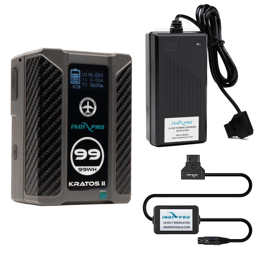 Indipro Kratos 99Wh V-Mount Battery, Charger & D-Tap to 4-Pin XLR Connector (12V Regulated) Bundle Battery Bundle Indipro