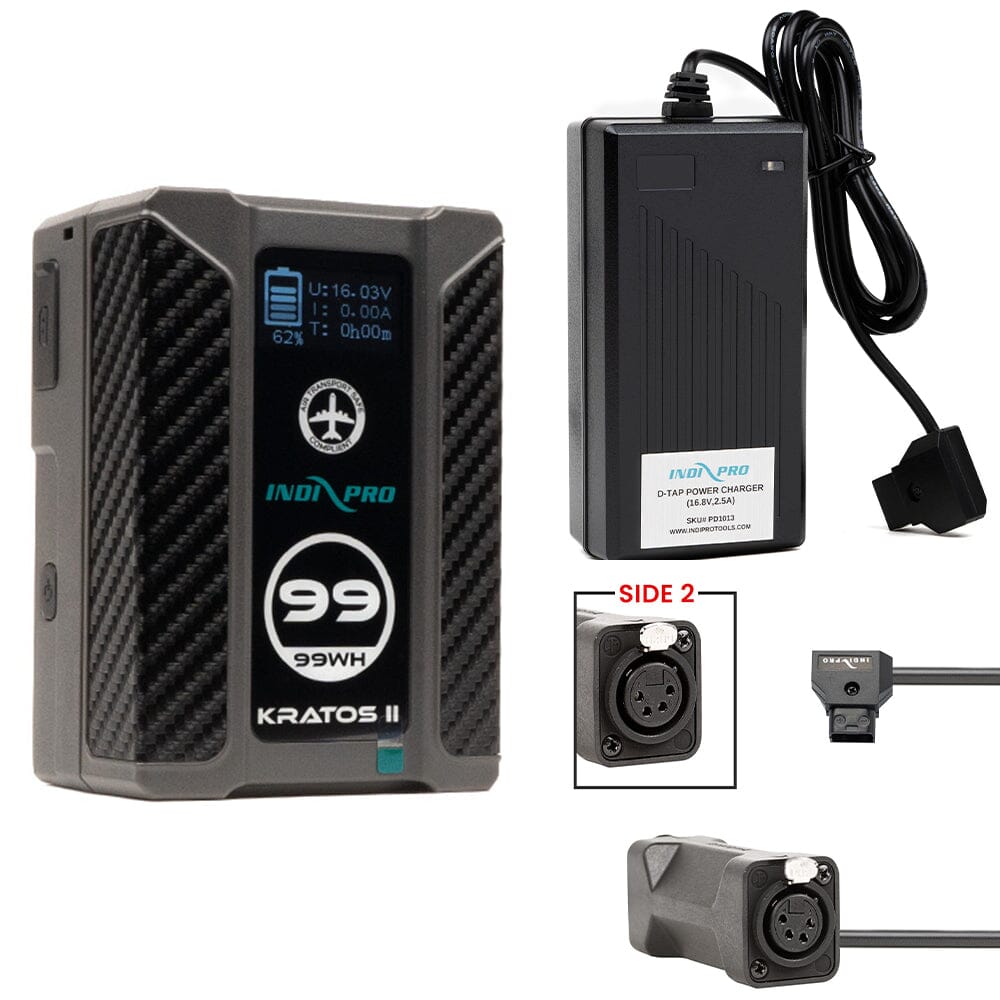 Indipro Kratos 99Wh V-Mount Battery, Charger & D-Tap to Dual 4-Pin Female XLR Connectors Bundle Battery Bundle Indipro