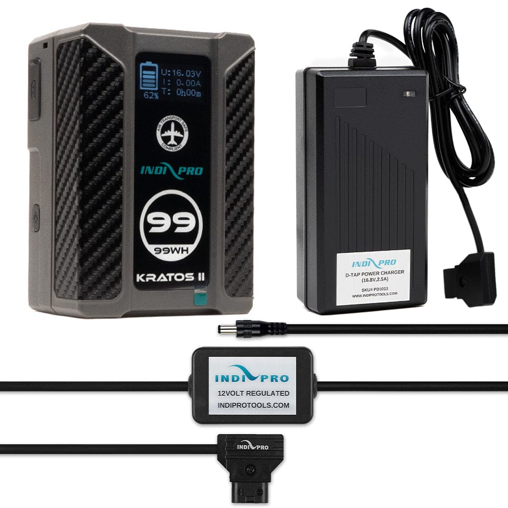 Indipro Kratos 99Wh V-Mount Battery, Charger & D-Tap to Litepanels Caliber Light Bundle Battery Bundle Indipro