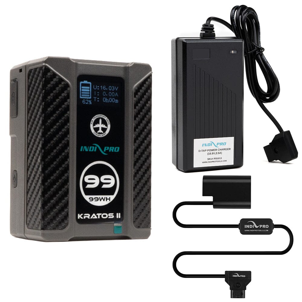 Indipro Kratos 99Wh V-Mount Battery, Charger & D-Tap to Panasonic DMW-BLF19 Battery Bundle Battery Bundle Indipro