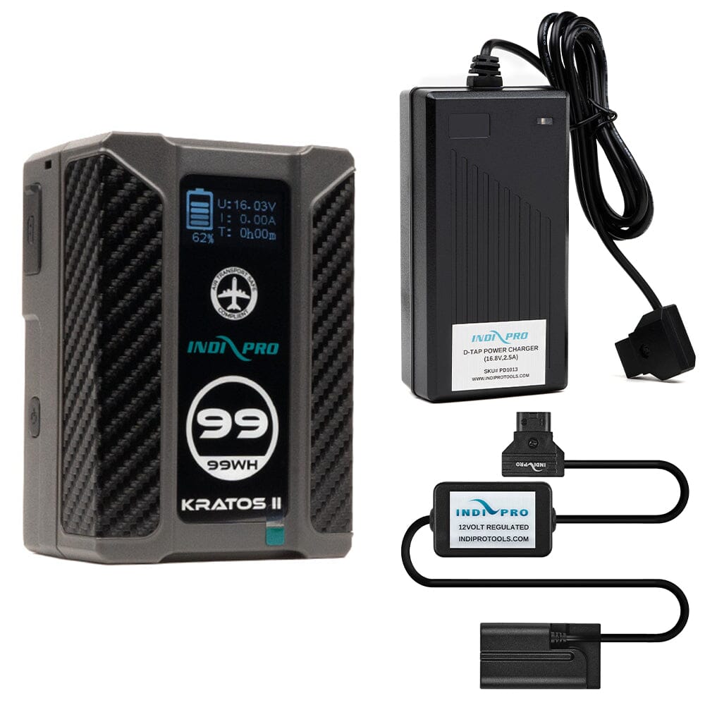 Indipro Kratos 99Wh V-Mount Battery, Charger & D-Tap to Sony NP-F Battery Bundle Indipro Kratos 99Wh V-Mount Battery, Charger & D-Tap to Sony NP-F Battery Bundle