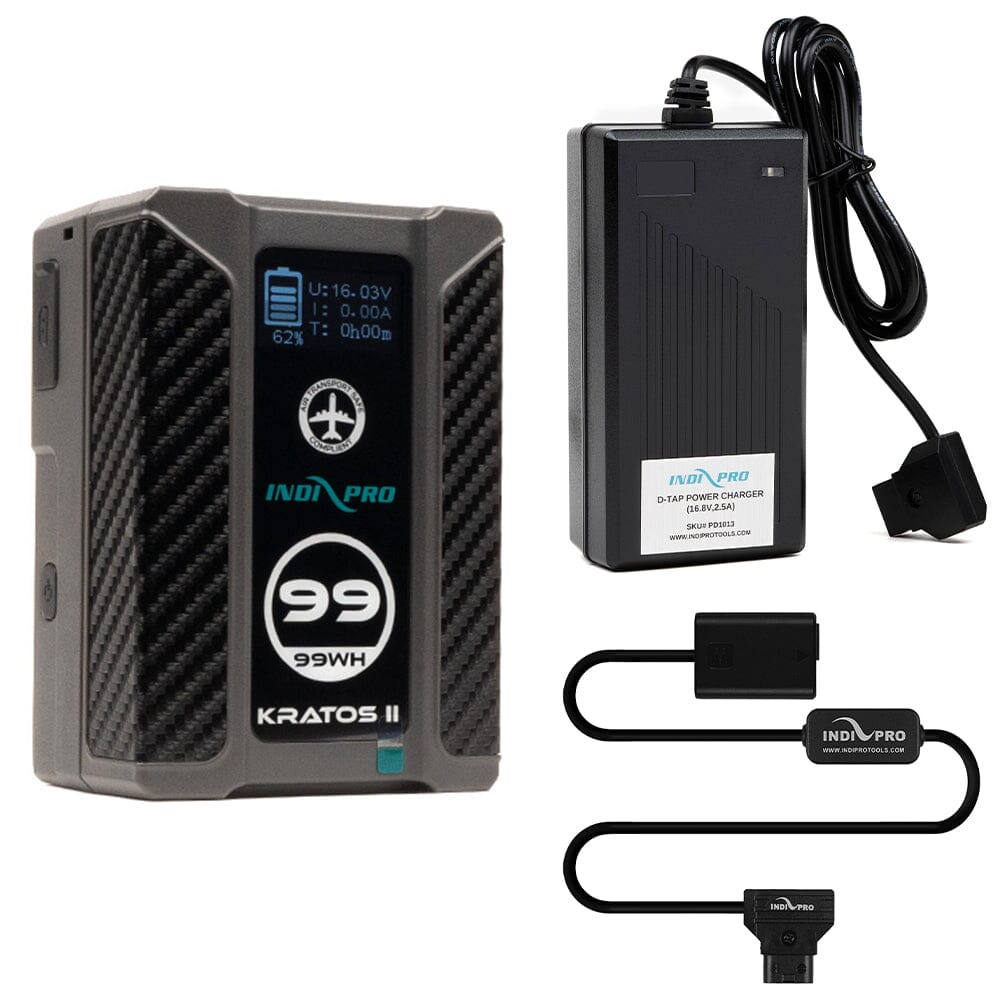 Indipro Kratos 99Wh V-Mount Battery, Charger & D-Tap to Sony NP-FW50 Battery Bundle Battery Bundle Indipro