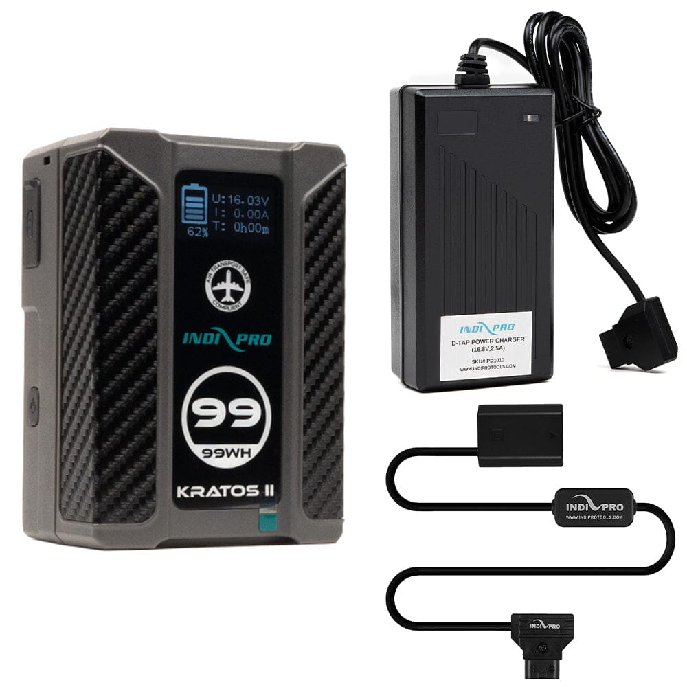 Indipro Kratos 99Wh V-Mount Battery, Charger & D-Tap to Sony NP-FZ100 Battery Bundle Battery Bundle Indipro