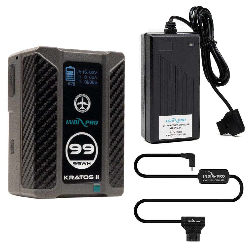 Indipro Kratos 99Wh V-Mount Battery, Charger & D-Tap to USB Type-C Connector Bundle Battery Bundle Indipro