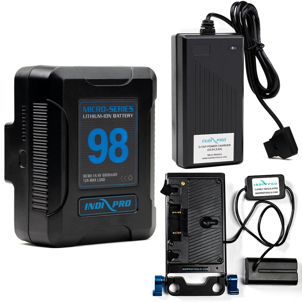 Indipro Micro Series 98Wh Gold Mount Battery, Charger & Gold Mount Plate to Sony NP-F Battery Bundle Battery Bundle Indipro