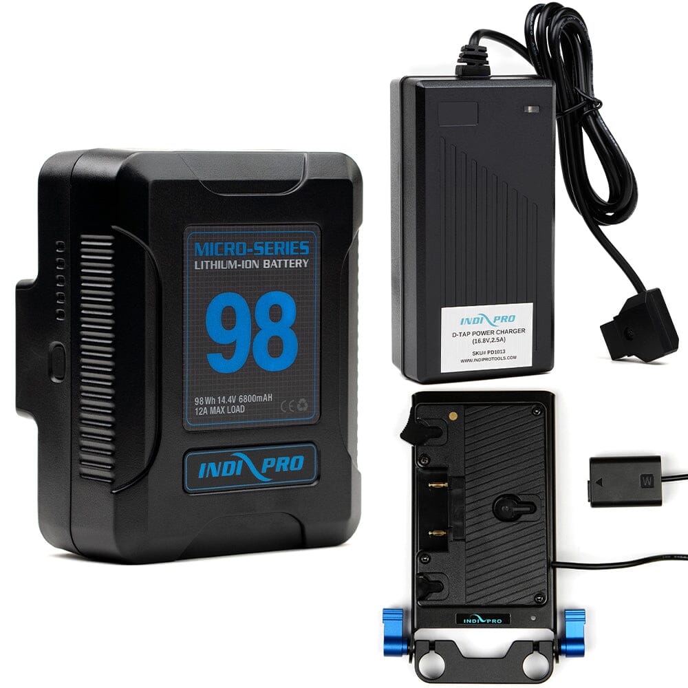 Indipro Micro Series 98Wh Gold Mount Battery, Charger & Gold Mount Plate to Sony NP-FW50 Battery Bundle Battery Bundle Indipro