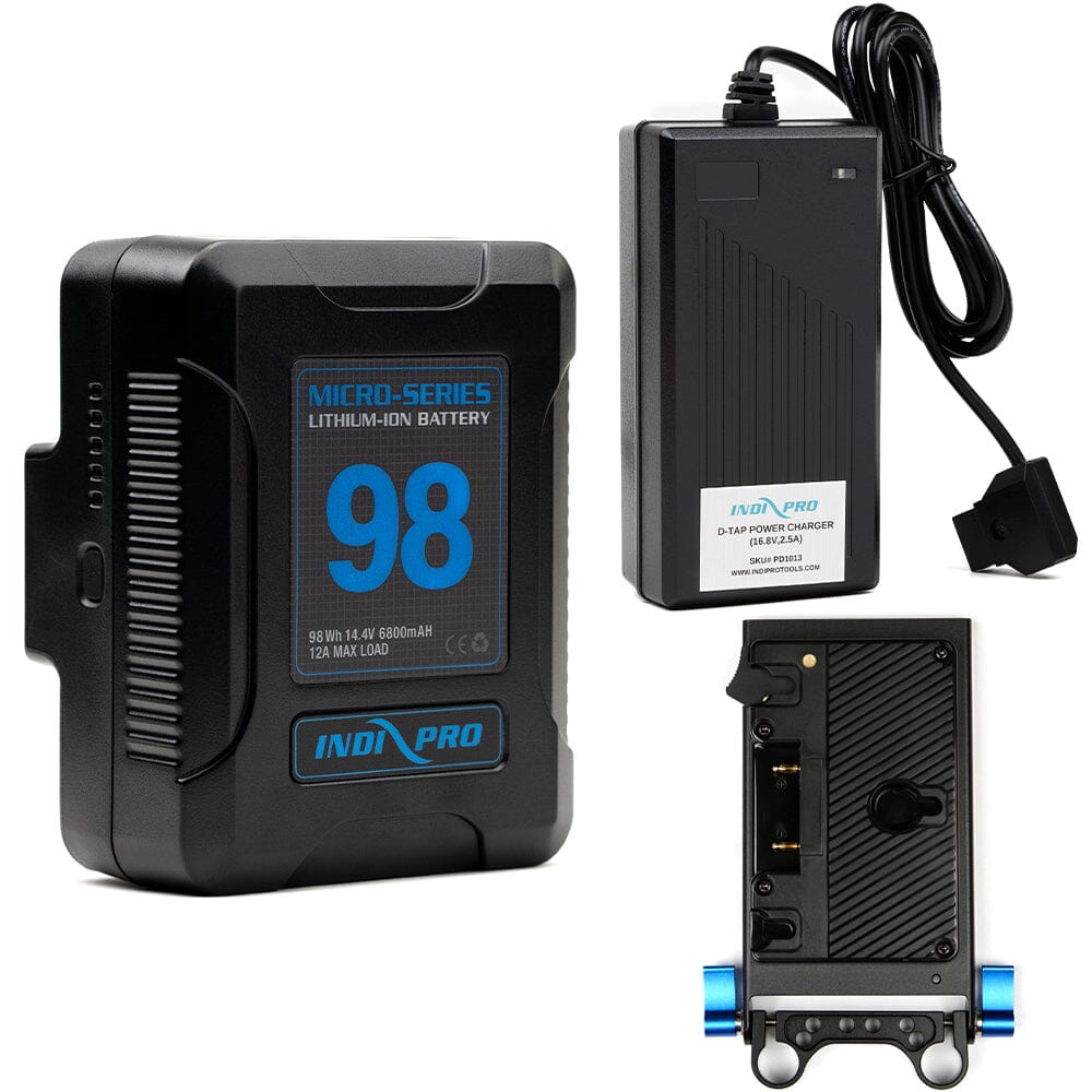Indipro Micro Series 98Wh Gold Mount Battery, Charger & Gold Mount Plate with D-Tap Output Bundle Battery Bundle Indipro