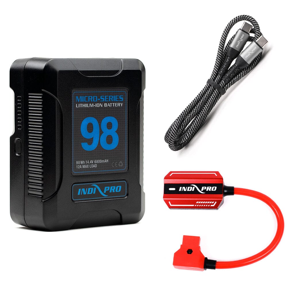 Indipro Micro Series 98Wh V-Mount Battery, Bi-Directional Quick Charger & Type-C USB to Type-C USB Bundle Battery Bundle Indipro
