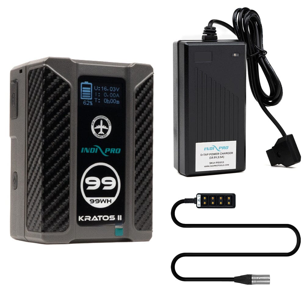 Indipro Micro Series 98Wh V-Mount Battery, Charger & 3-Pin Male XLR to 4 Way D-Tap Splitter Bundle Battery Bundle Indipro