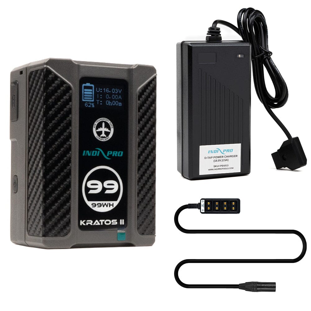 Indipro Micro Series 98Wh V-Mount Battery, Charger & 4-Pin Male XLR to 4 way D-Tap Splitter Bundle Battery Bundle Indipro