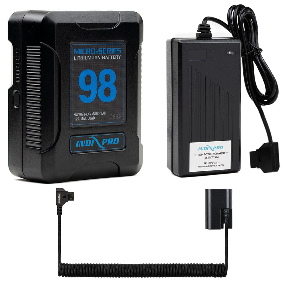 Indipro Micro Series 98Wh V-Mount Battery, Charger & Braided Coiled D-Tap to Canon LP-E6 Battery Bundle Battery Bundle Indipro