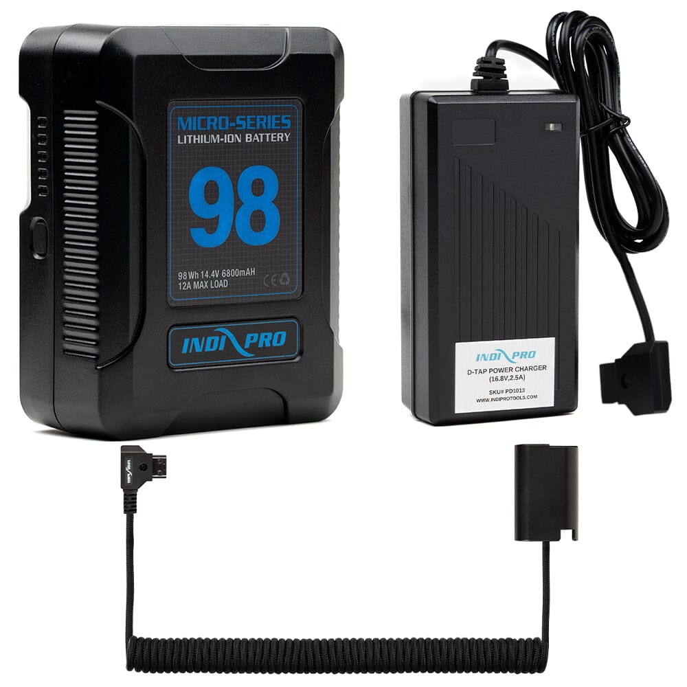 Indipro Micro Series 98Wh V-Mount Battery, Charger & Braided Coiled D-Tap to Panasonic DMW-BLK22 Battery Bundle Battery Bundle Indipro